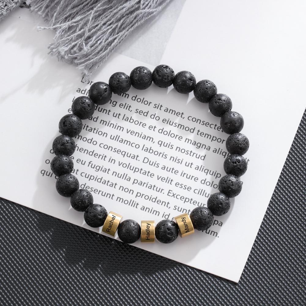 Black Lava Rock Beaded Bracelet Men Bracelet Custom 3 Names Gift for Dad-Jessemade AU