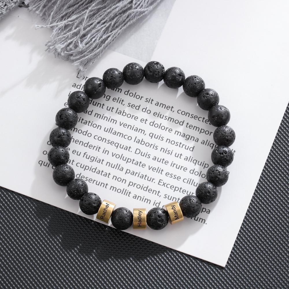 Black Lava Rock Beaded Bracelet Men Bracelet Custom 3 Names Gift for Dad-Jessemade AU