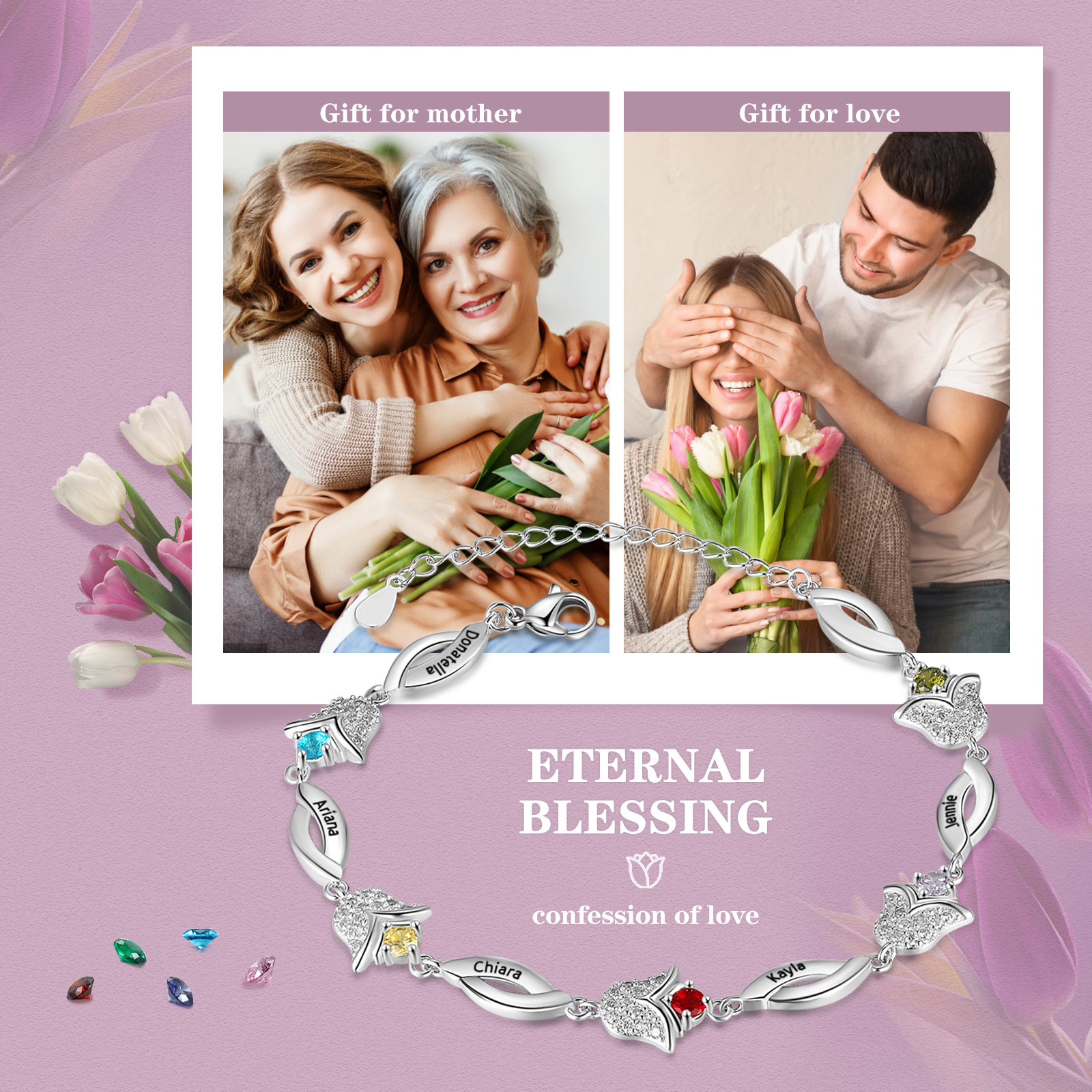 Flowers Series Personalised Tulip Bracelet With 5 Birthstone Engraved Names Flowers Charm Gifts For Her-Jessemade AU