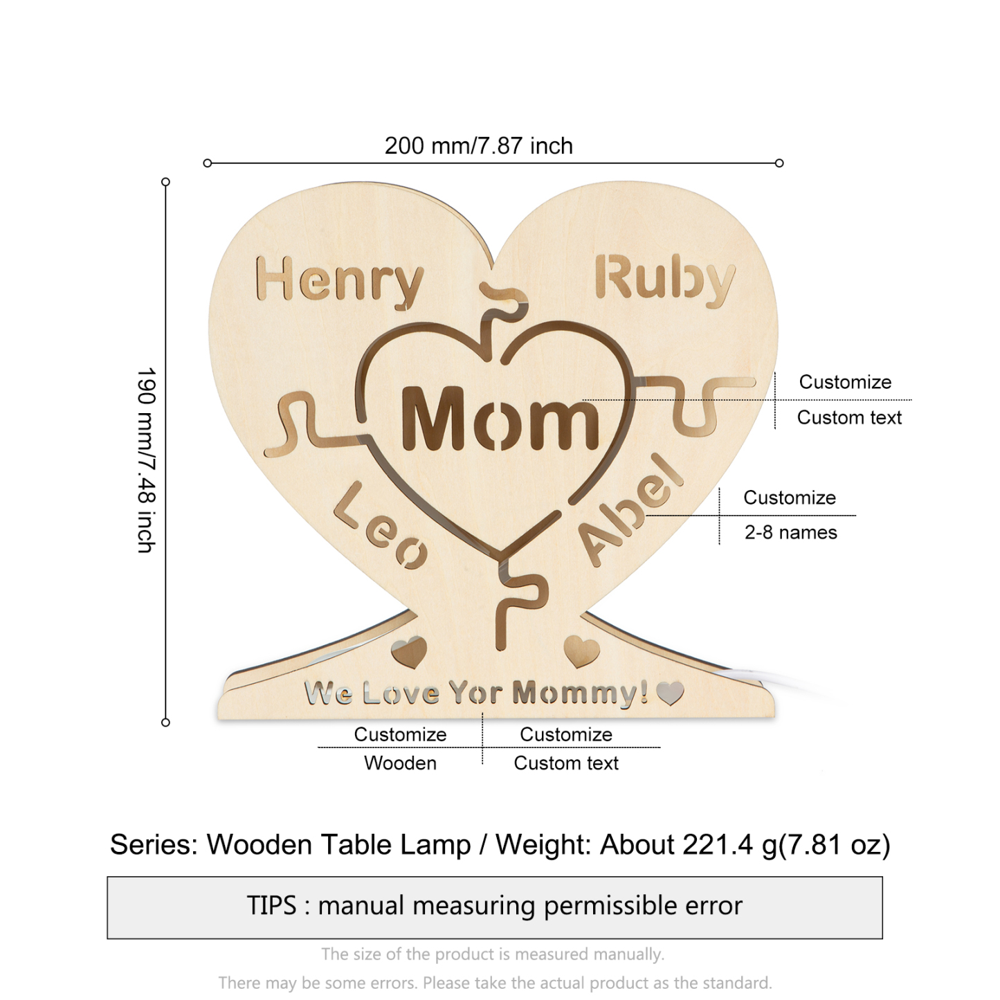 Personalised 8 Names Night Light Engraved Wooden Lamp-Jessemade AU