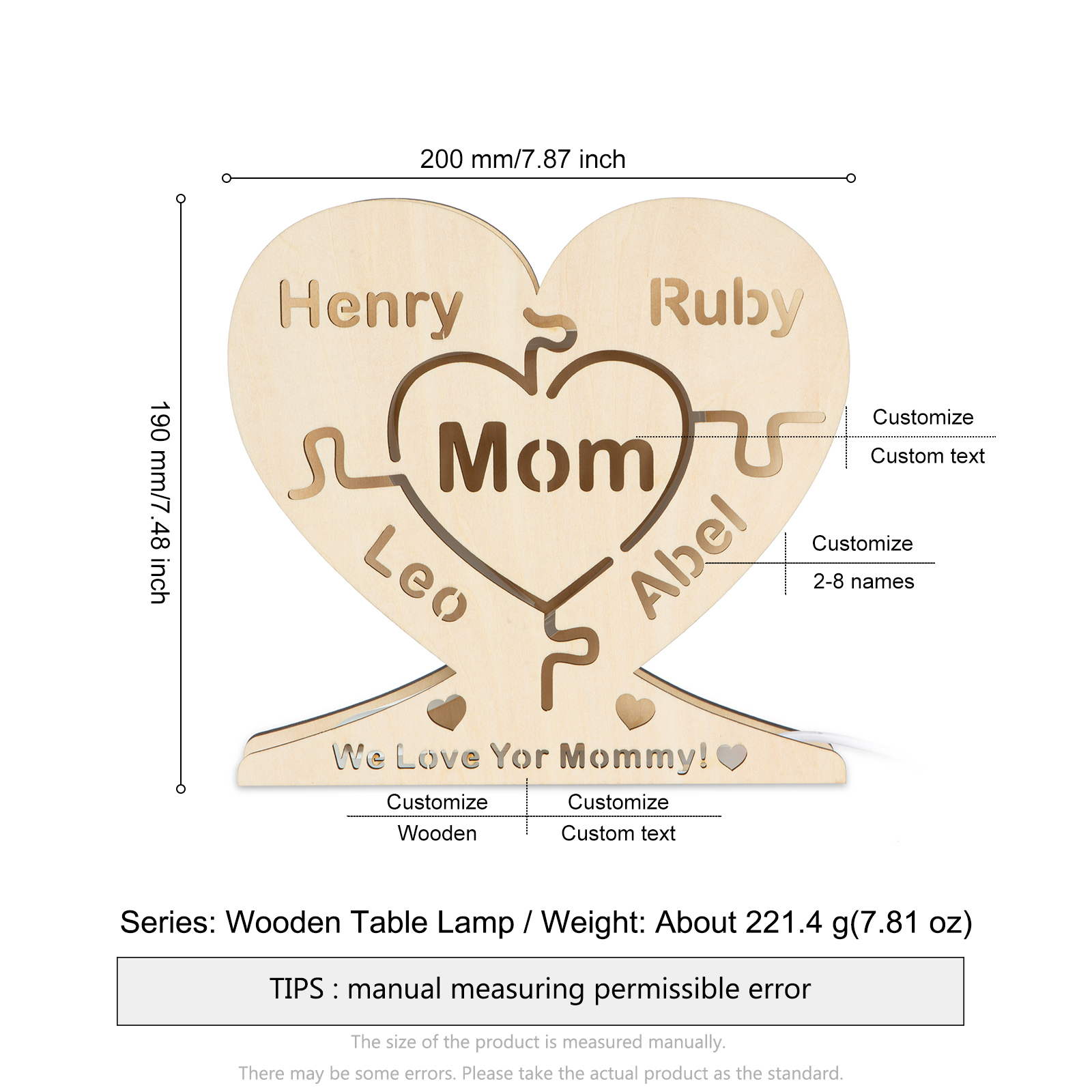 Personalised 8 Names Night Light Engraved Wooden Lamp-Jessemade AU