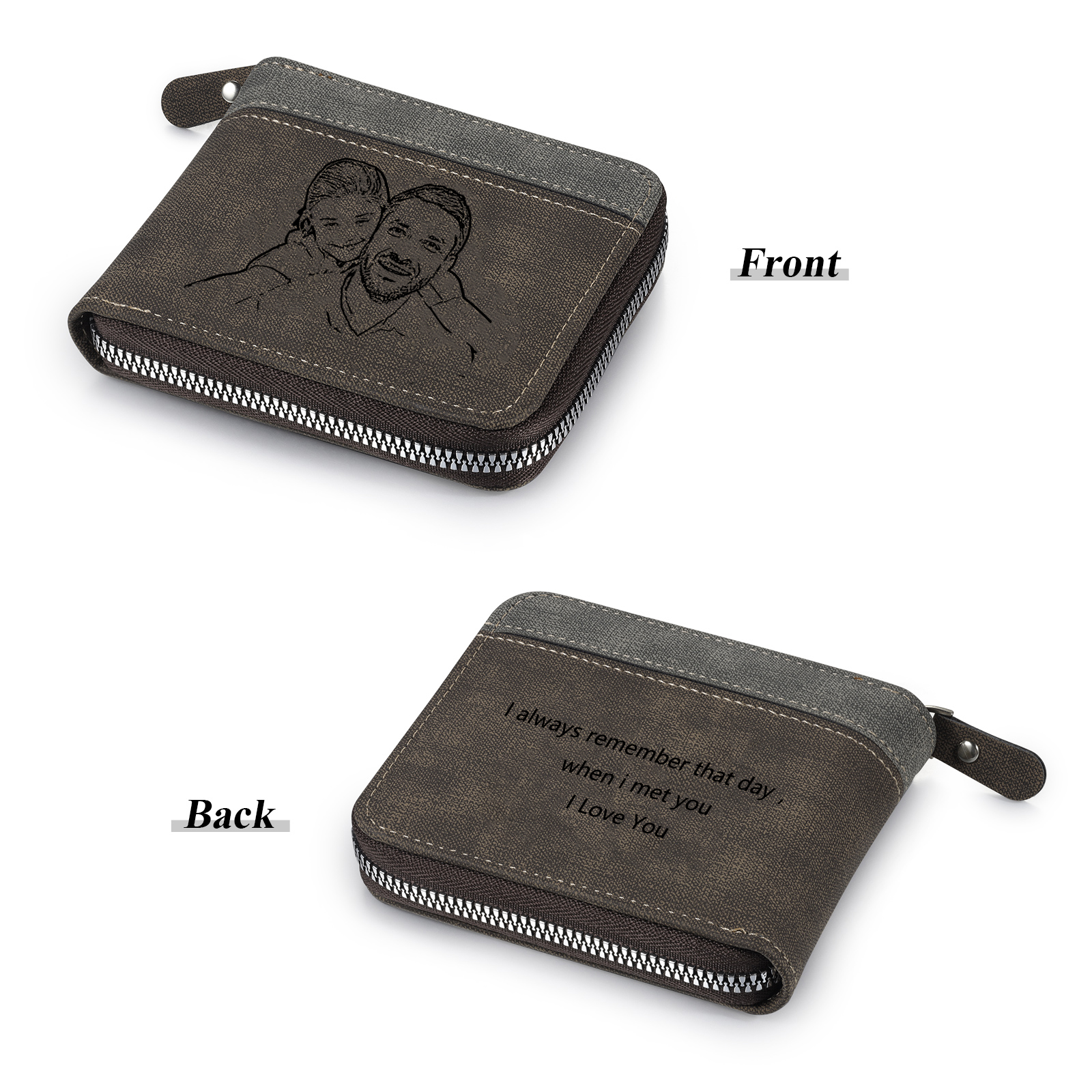 Personalised Photo & Text Billfold Wallet Custom Men's Leather Wallet Zipper Gift for Him-Jessemade AU