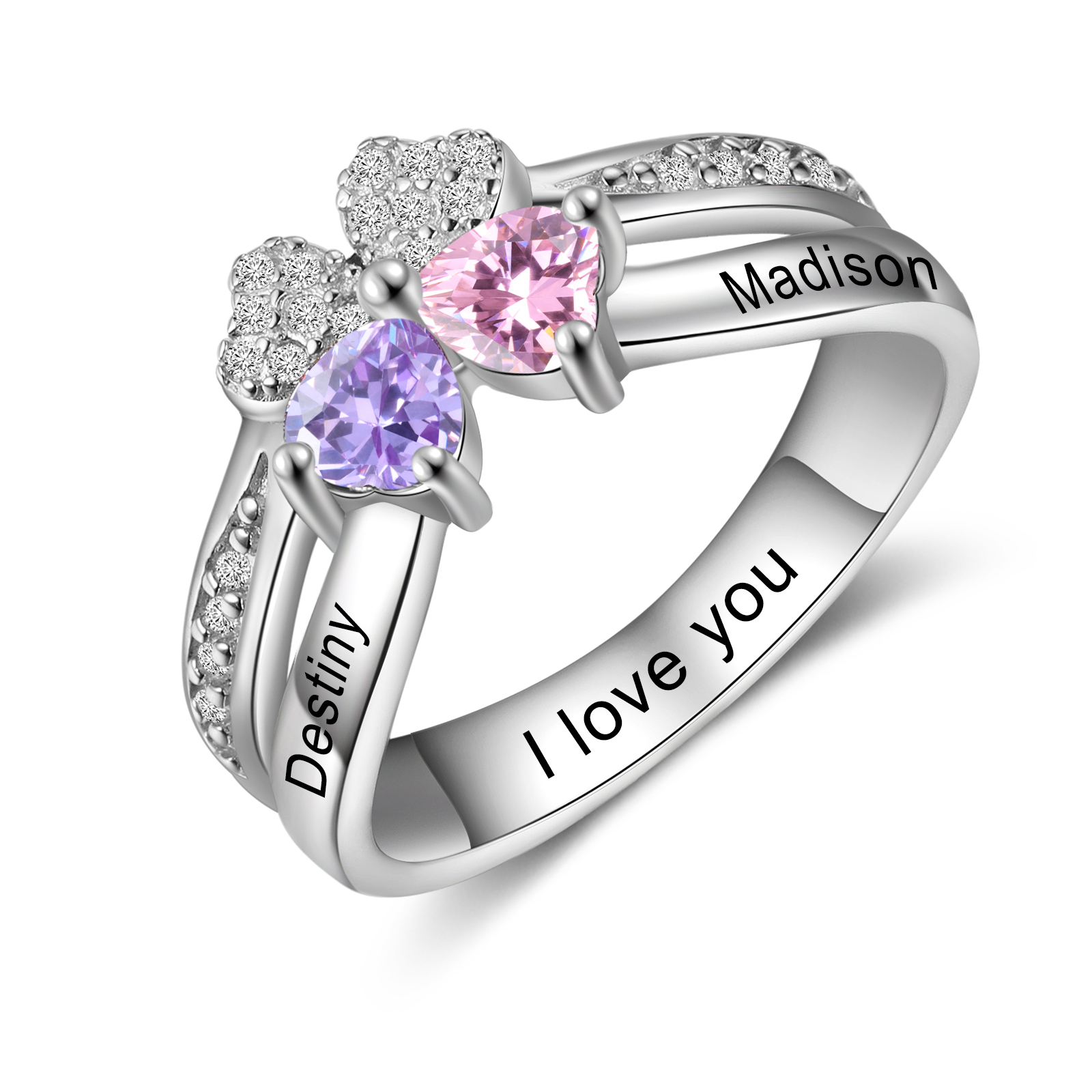 Personalised Ring With 2 Birthstones Engraved Names Ring Best Gift For Women-Jessemade AU