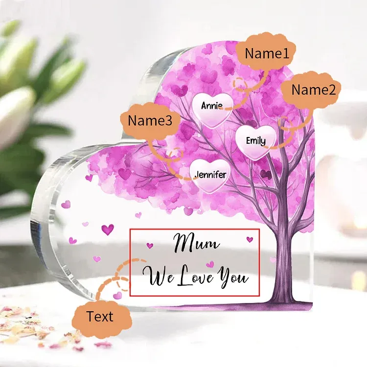 3 Names - Personalised Acrylic Heart Keepsake Custom Text Purple Tree Ornaments Gifts for Grandma/Mother-Jessemade AU