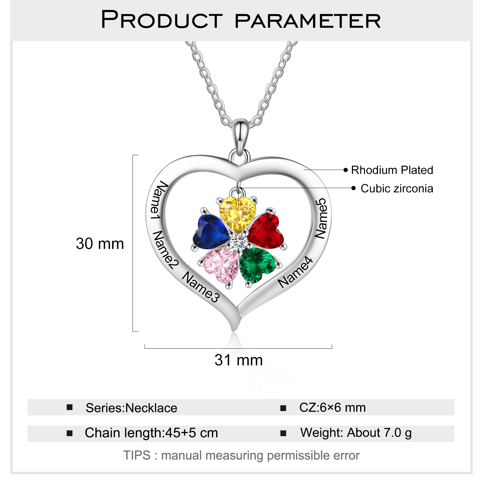 Personalised Necklace With 5 Heart Birthstone Engraved Names Heart Necklace Gift For Women-Jessemade AU