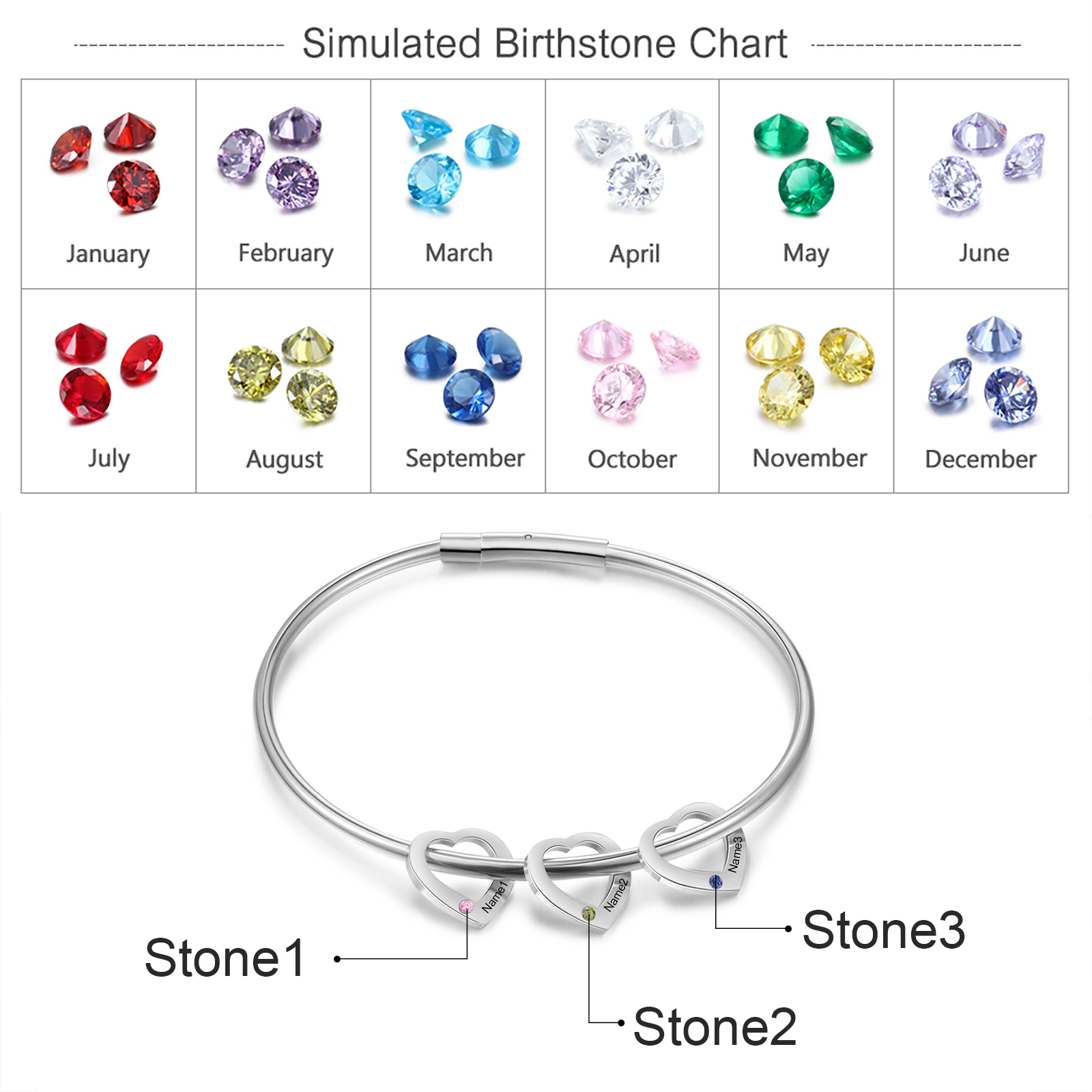 3 Names - Personalised Heart Bracelet with 3 Birthstones Custom Name & Birthstone Bracelet Gift for Her