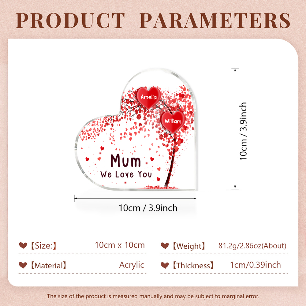2 Names - Personalised Acrylic Heart Keepsake Custom Text Red Tree Ornaments Gifts for Grandma/Mother-Jessemade AU
