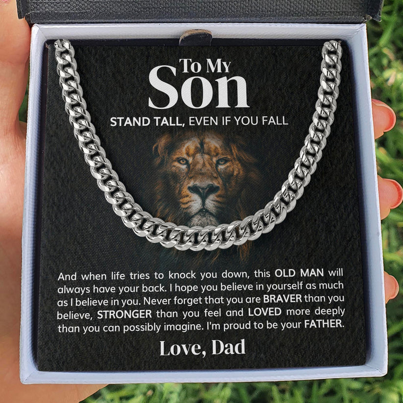 To My Son Stand Tall, Ever If You Fall Cuban Chain Necklace Stainless Steel Necklace Warm Gift-Jessemade AU