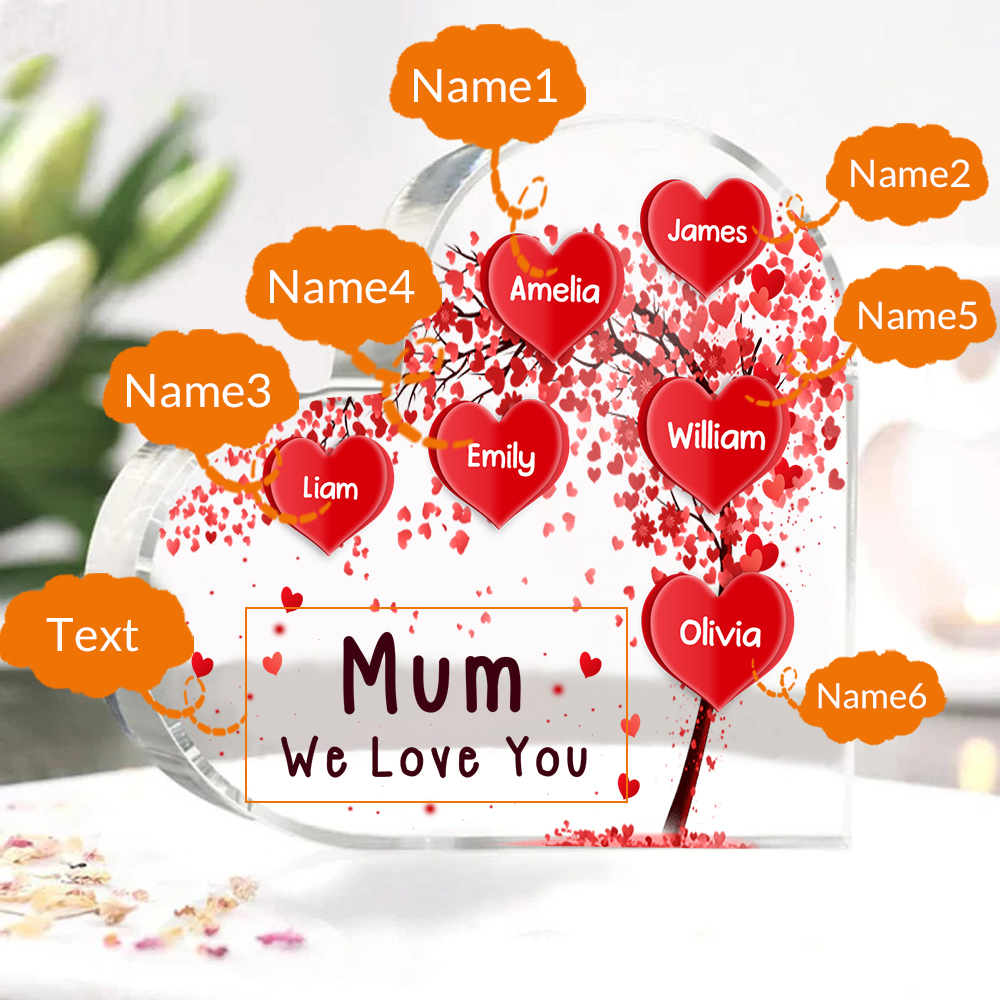 6 Names - Personalised Acrylic Heart Keepsake Custom Text Red Tree Ornaments Gifts for Grandma/Mother-Jessemade AU
