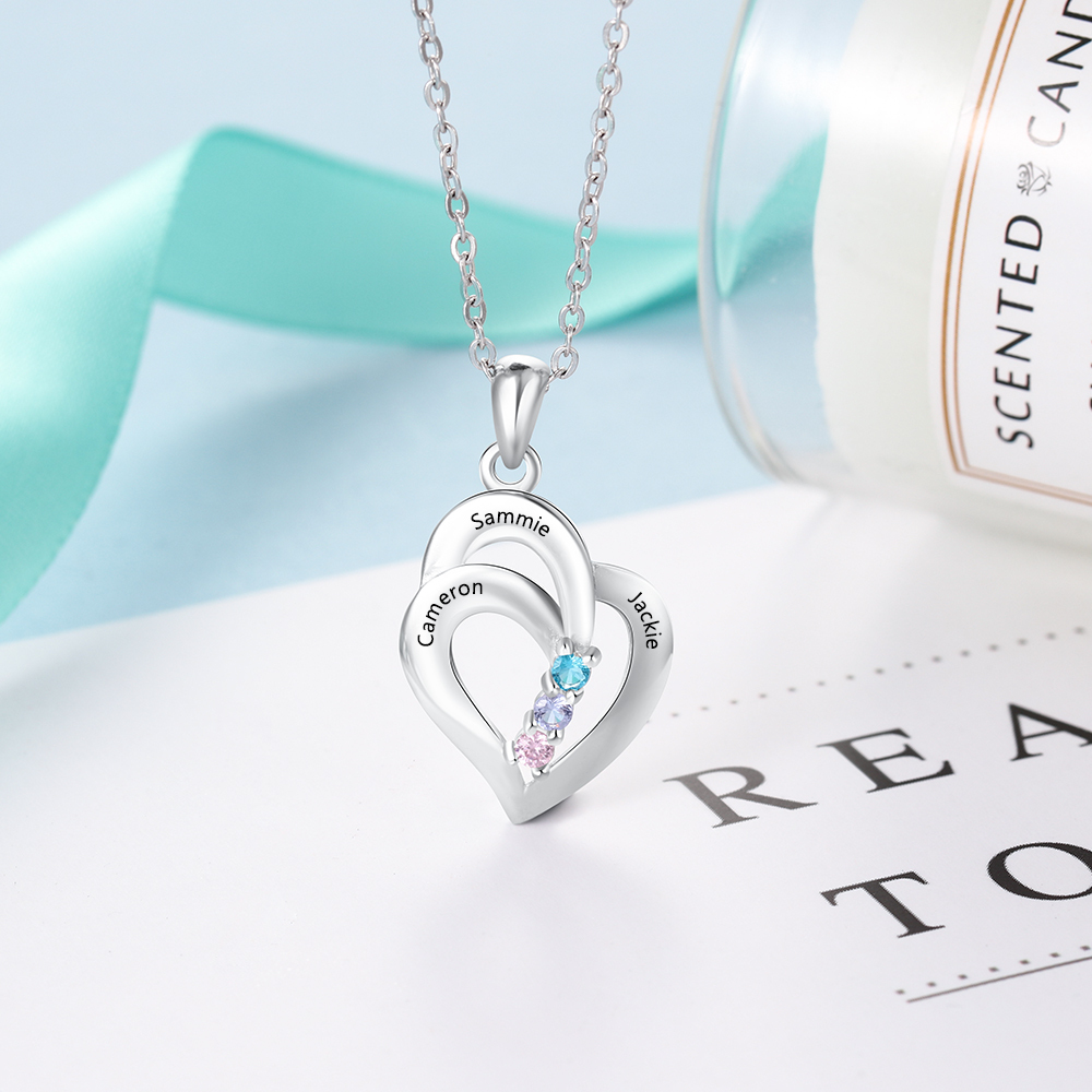 Personalised Heart Necklace With 3 Birthstones Engraved Names Gift For Her-Jessemade AU