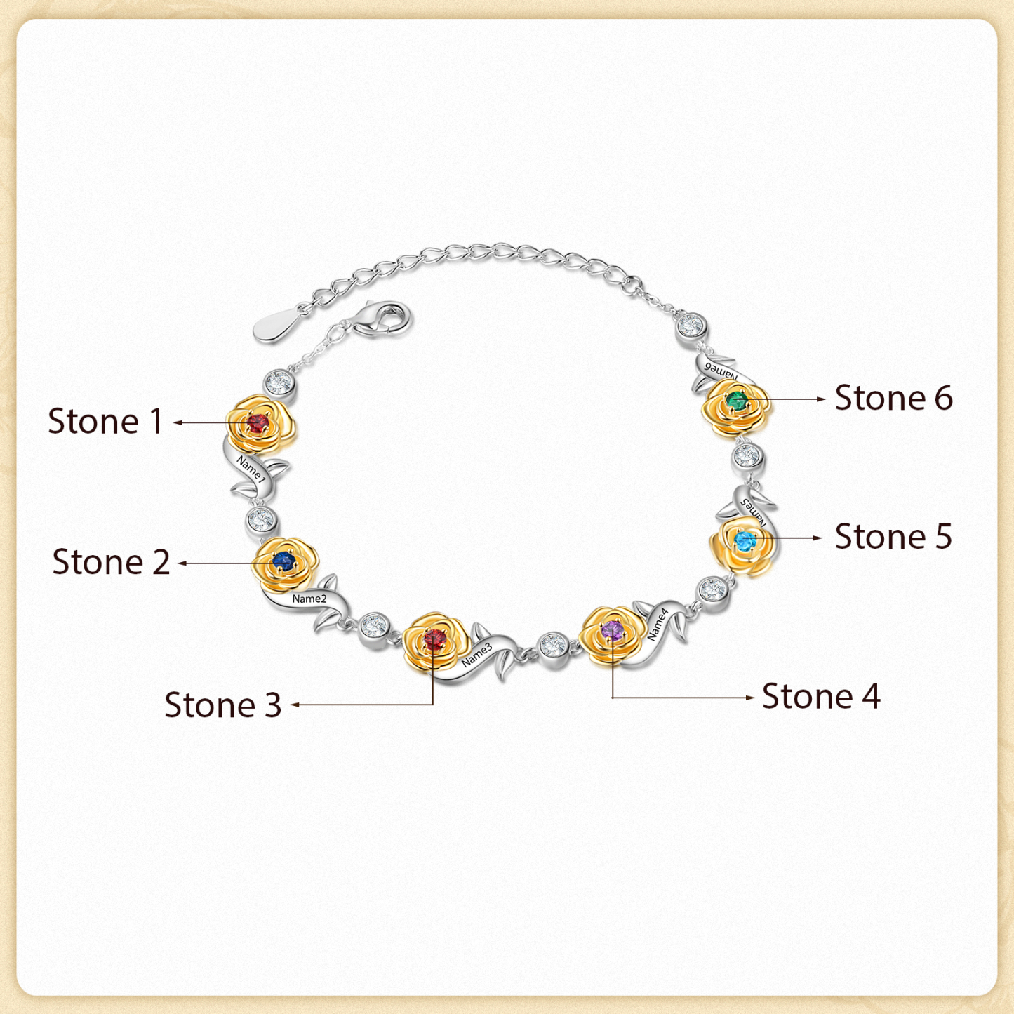Flowers Bracelet Personalised 6 Birthstones Bracelet Engraved Names Flowers Charm Gifts For Her-Jessemade AU