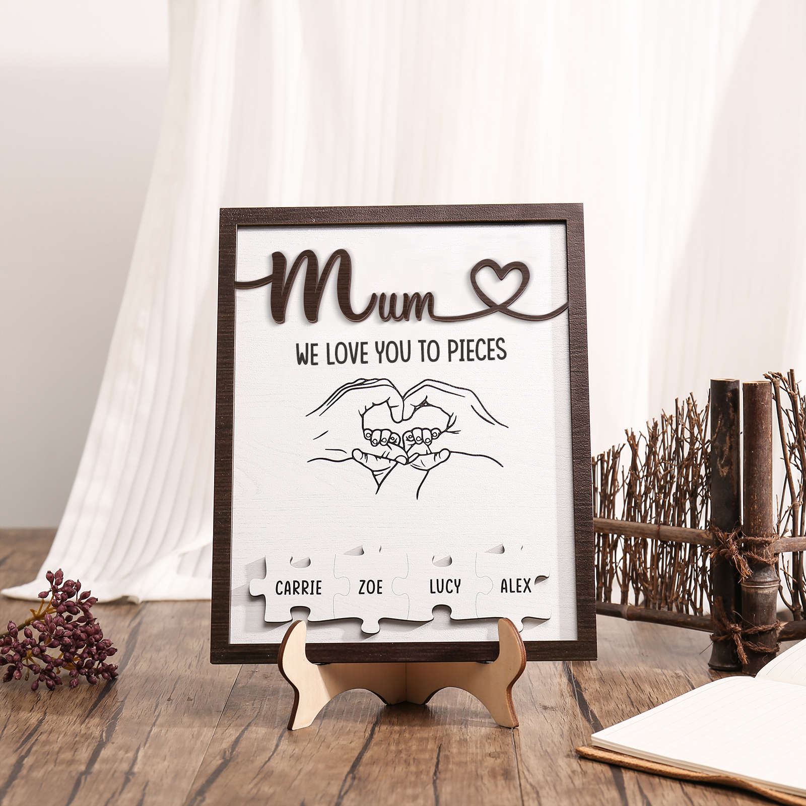 Personalised Puzzle Pieces Wooden Plaque Custom 4 Names & Text & Salutation Holding Hands Family Wooden Sign With Stand Gifts for Mum-Jessemade AU