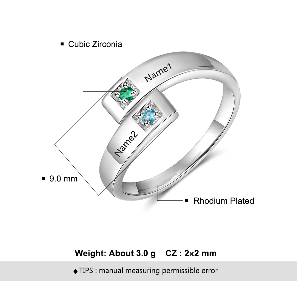 Personalised Ring With 2 Birthstones Engraved Names Ring Gift For Women-Jessemade AU