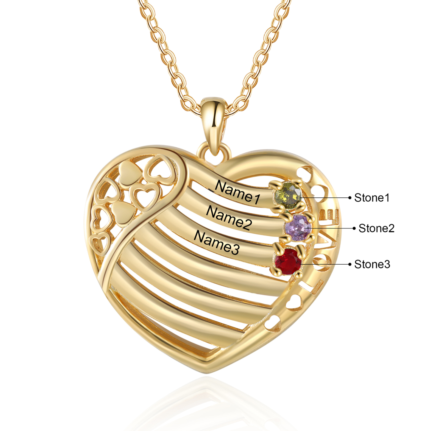 LOVE Heart Necklace Custom 3 Names & Birthstones Family Necklace Gifts For Her-Jessemade AU