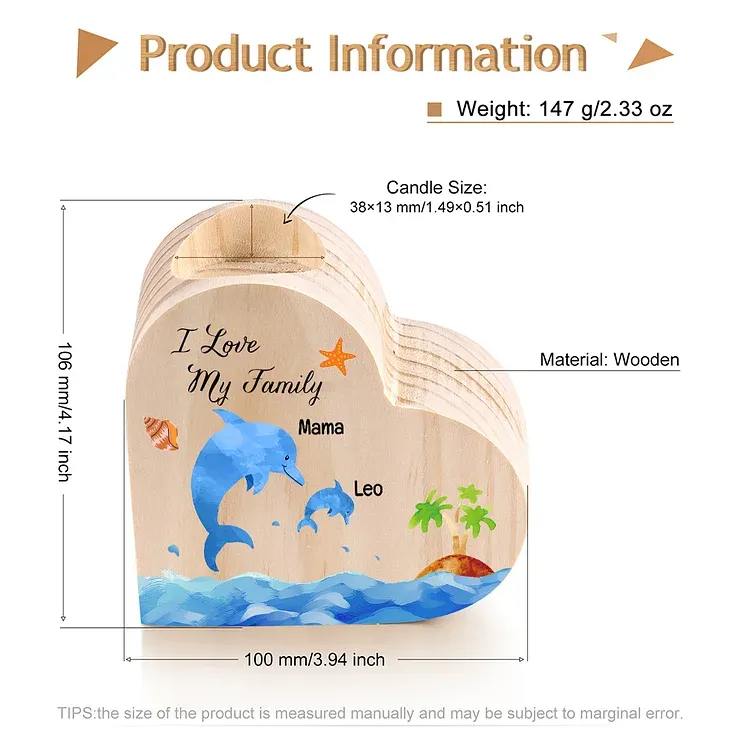 Family Dolphin Heart Candle Holder Personalised Wooden Candlestick Custom 2 Names-Jessemade AU