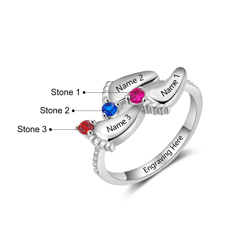Personalised Baby Foot Ring With 3 Birthstones Engraved Names Ring Gift For Women-Jessemade AU