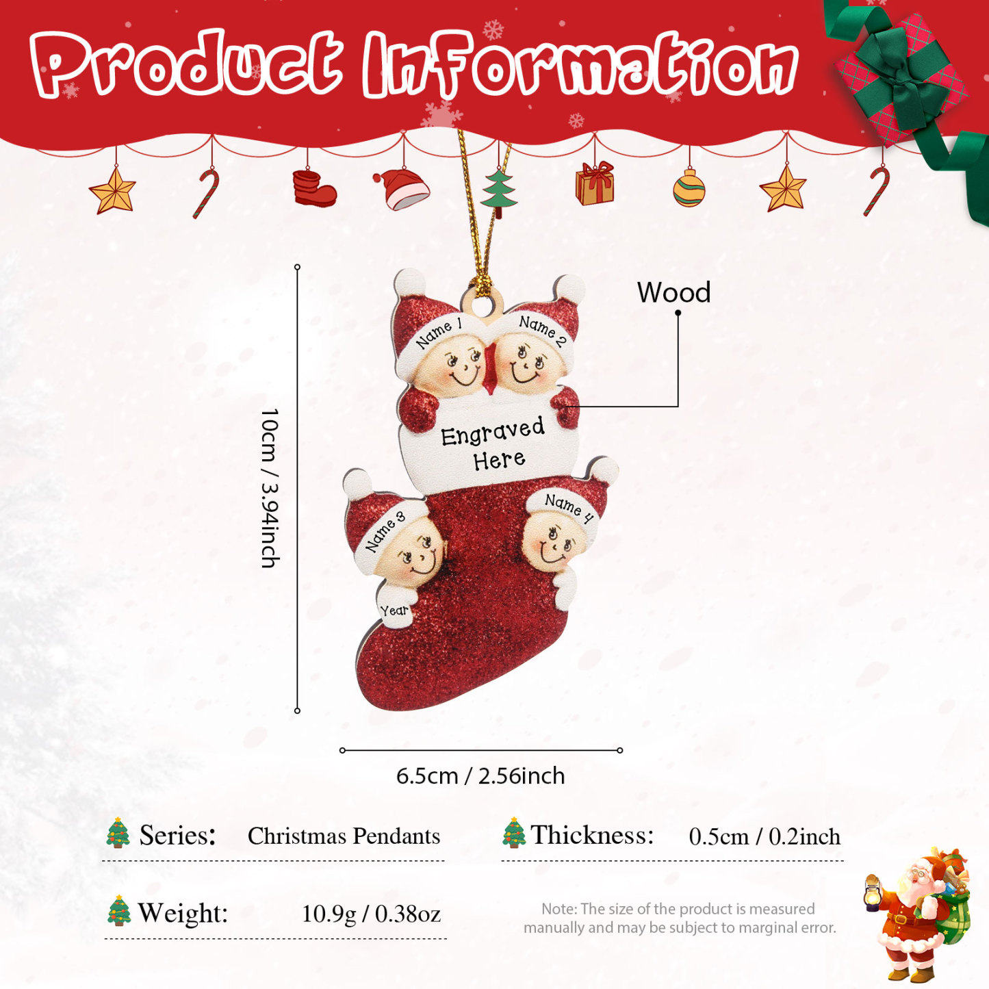 4 Names - Personalised Christmas Stocking Ornament Customised Name & Text & Year Wooden Hanging Ornaments Christmas Gift for Family-Jessemade AU