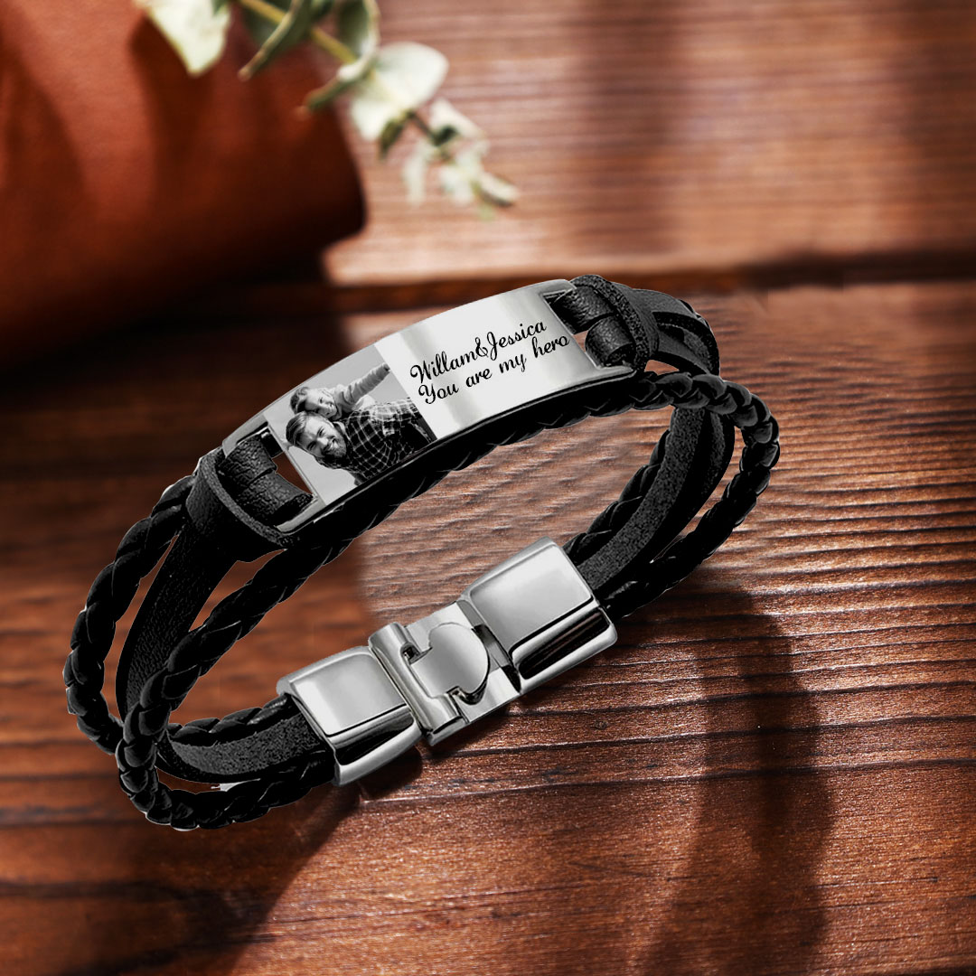 Personalised Braided Leather Bracelet Engraved Photo Men's Bracelet for Him