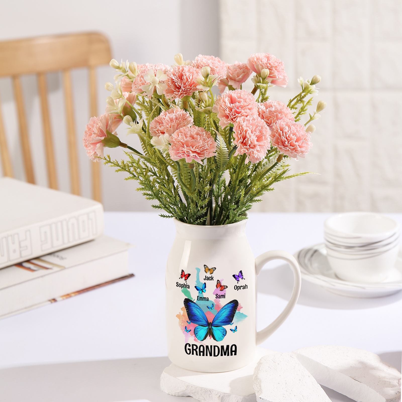 Personalised Ceramic Flower Vase Custom 2–8 Names & 1 Text Colourful Butterfly Vase Gift for Mother/Grandma-Jessemade AU