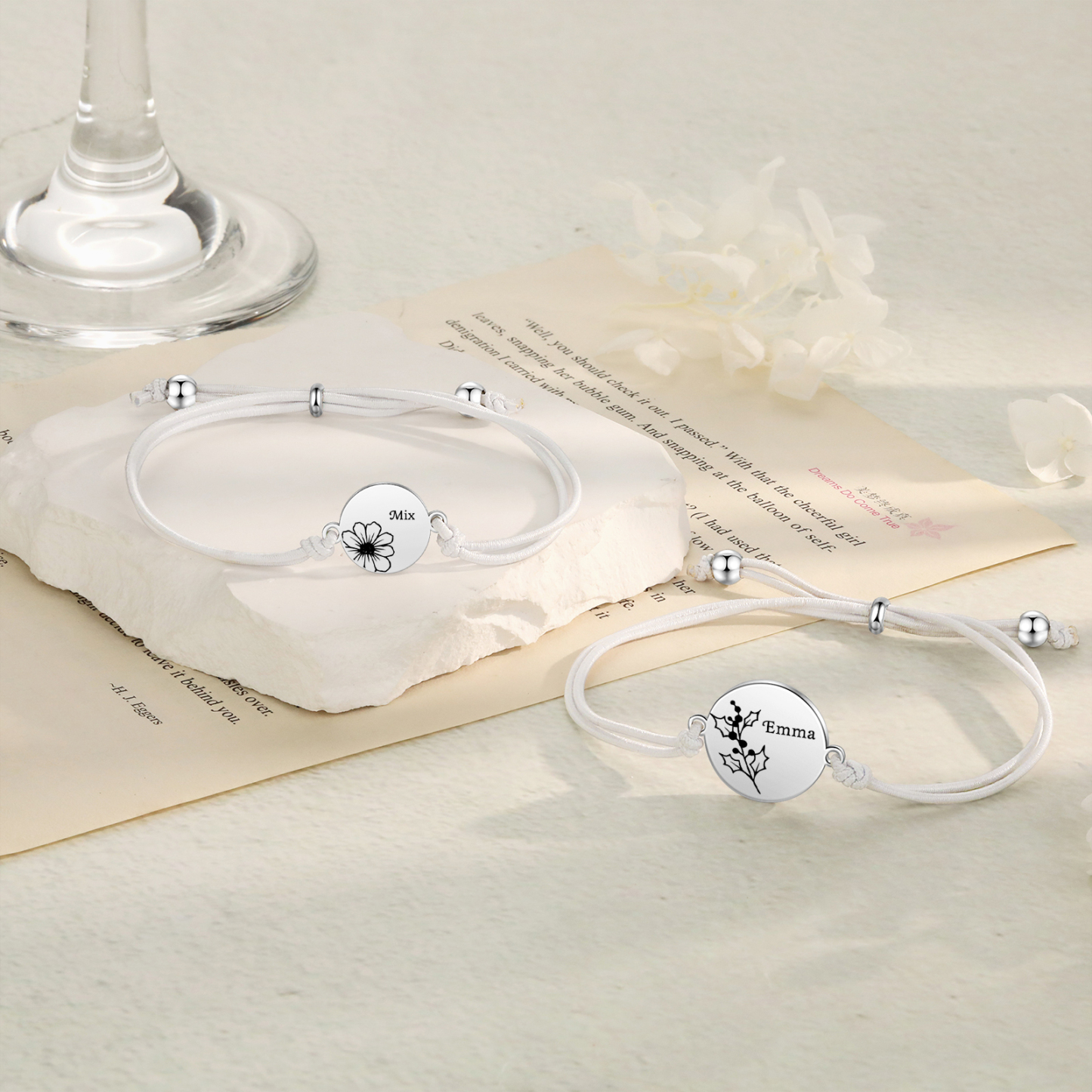 2 Pcs Bracelet Set Personalised Names & Birth Flowers Adjustable Bracelets with Message Card Back to School Gifts for Daughters-Jessemade AU