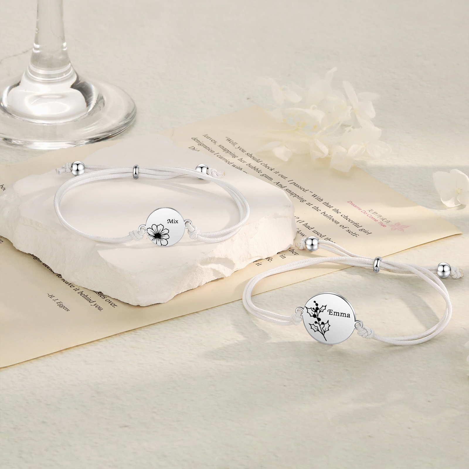 2 Pcs Bracelet Set Personalised Names & Birth Flowers Adjustable Bracelets with Message Card Back to School Gifts for Daughters-Jessemade AU