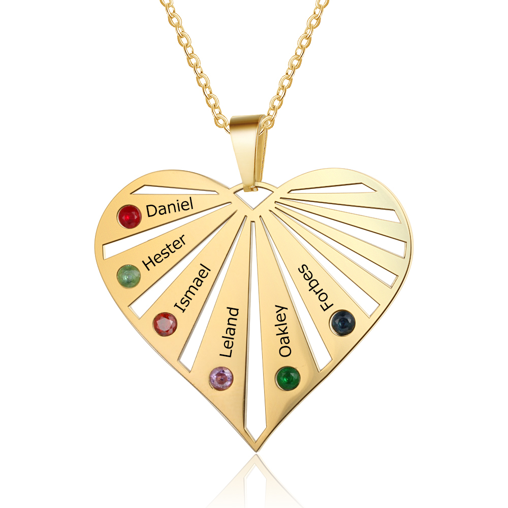 Personalised Heart Necklace With 6 Birthstones Engraved Names Gift For Her-Jessemade AU