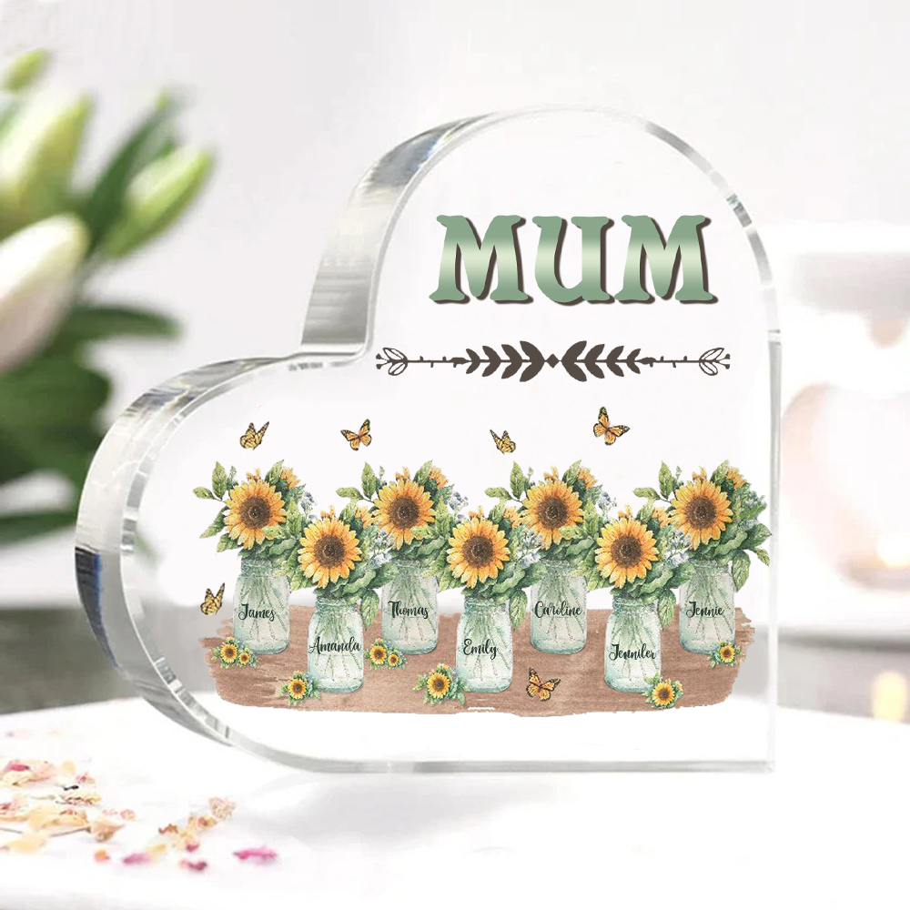 Personalised Acrylic Heart Keepsake Custom 7 Names & 1 Text Sunflower Vase Ornament Gifts for Mother/Grandma-Jessemade AU
