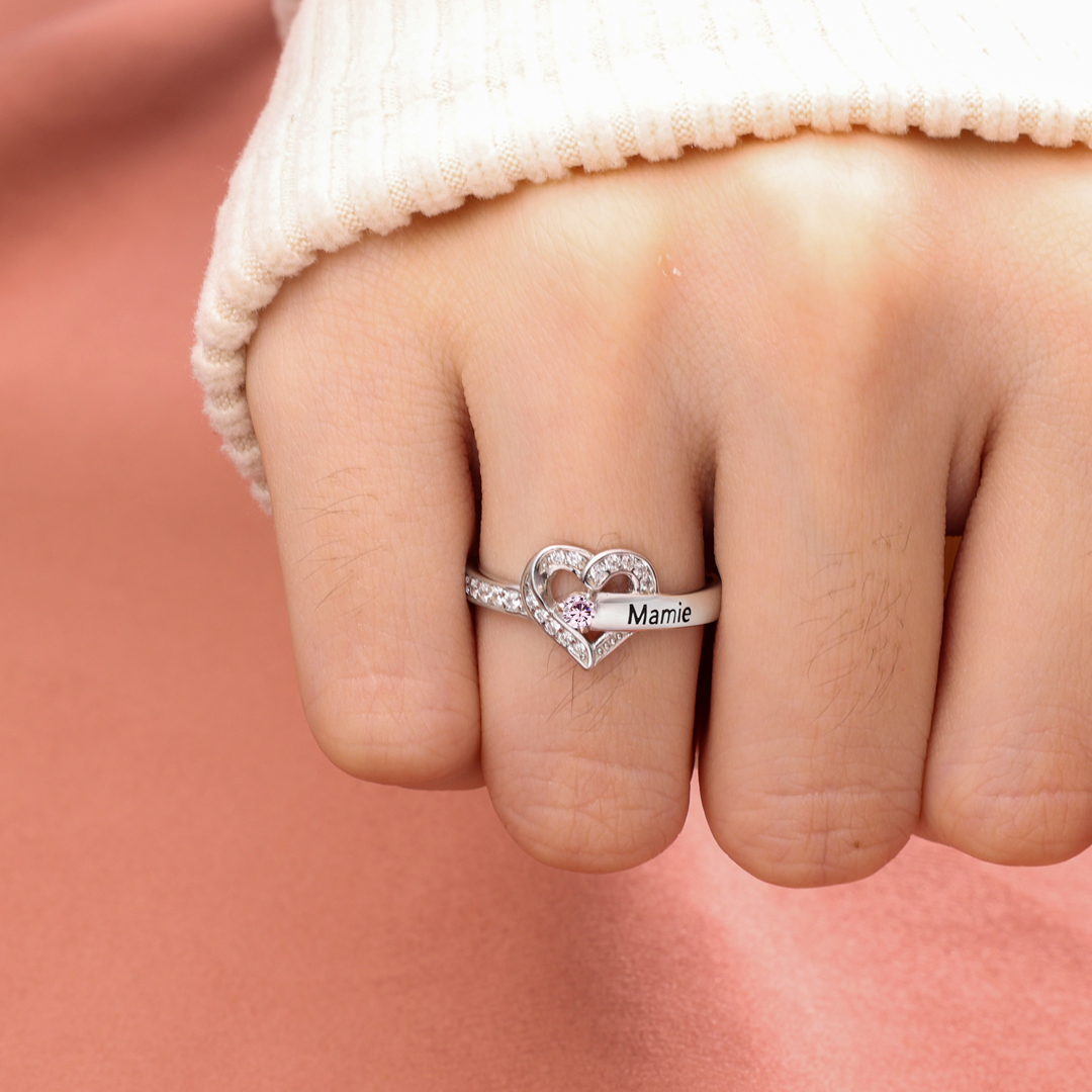 Personalised Heart Ring With 2 Birthstones Engraved Names Ring Gift For Women-Jessemade AU