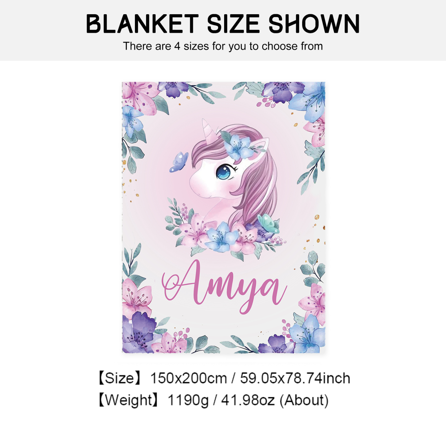 Personalised Flower Unicorn Blanket Custom Name Cute Cartoon Blanket-Jessemade AU