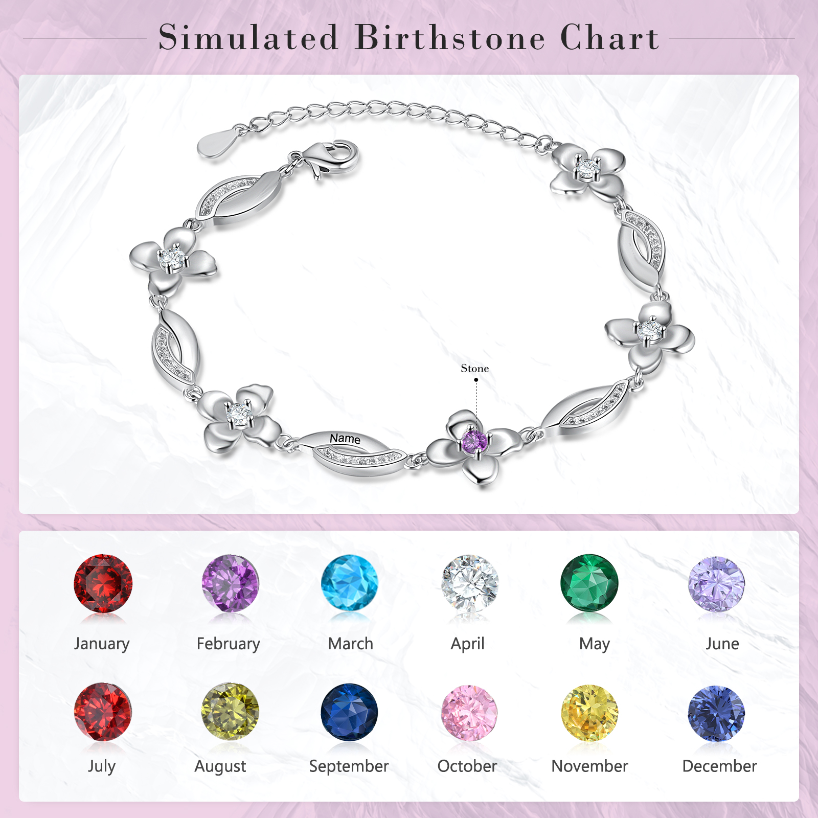 Flowers Bracelet Personalised 1 Birthstone Bracelet Engraved Names Flowers Charm Gifts For Her-Jessemade AU
