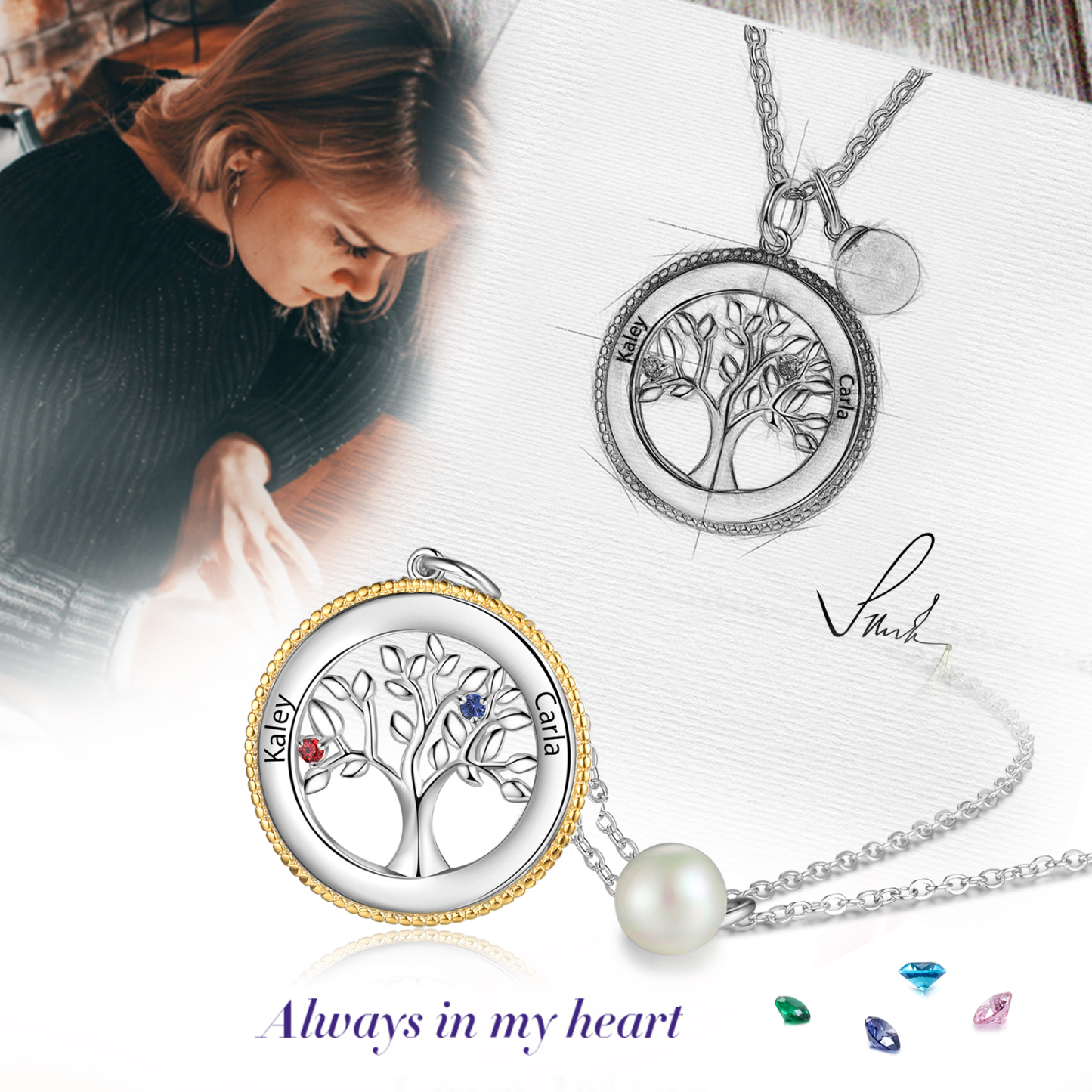 Personalised Family Tree Necklace With 2 Birthstones Engraved Names Necklace Gift For Women-Jessemade AU