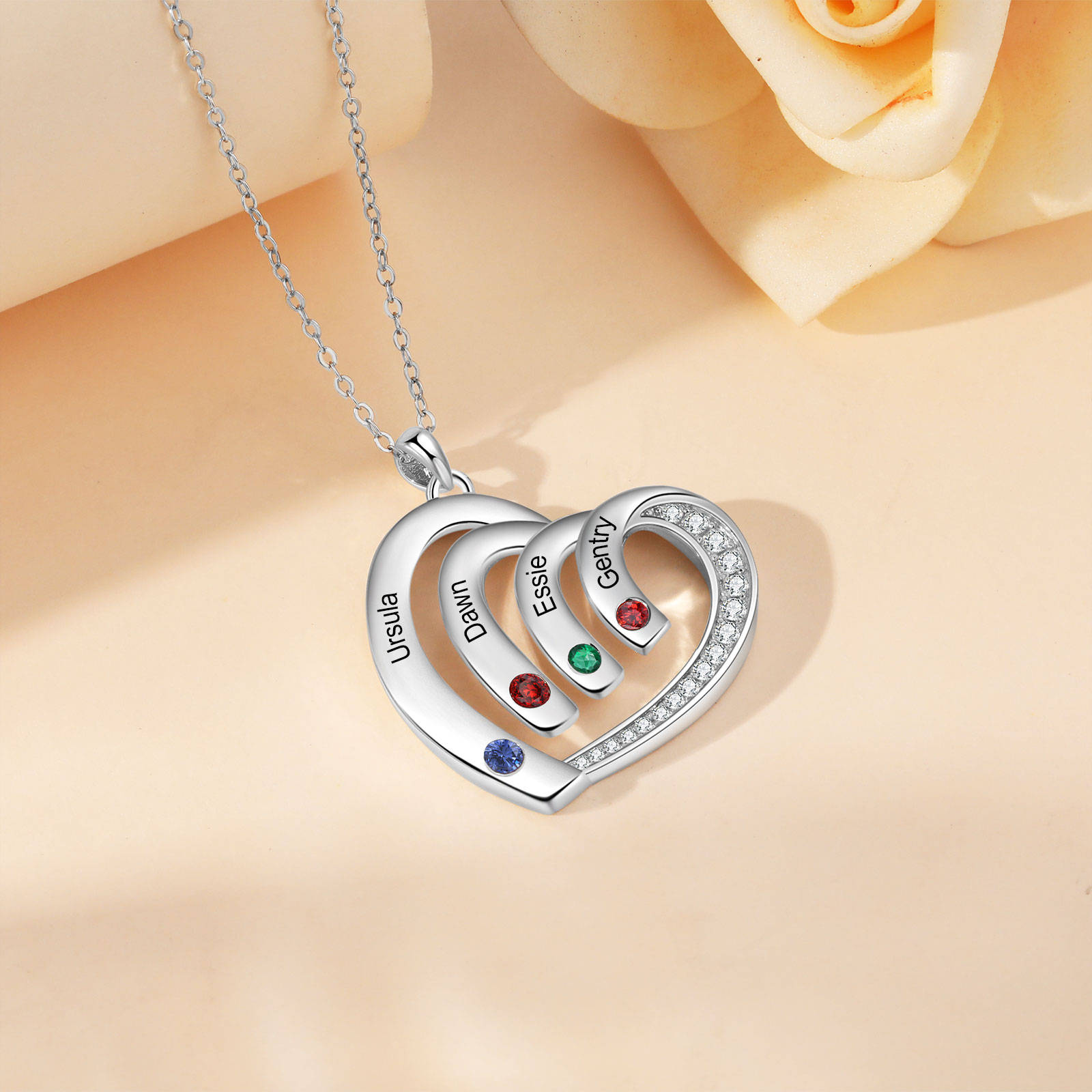 Personalised Heart Pendant Necklace Custom 4 Birthstones & 4 Names Necklace Gifts for Her-Jessemade AU