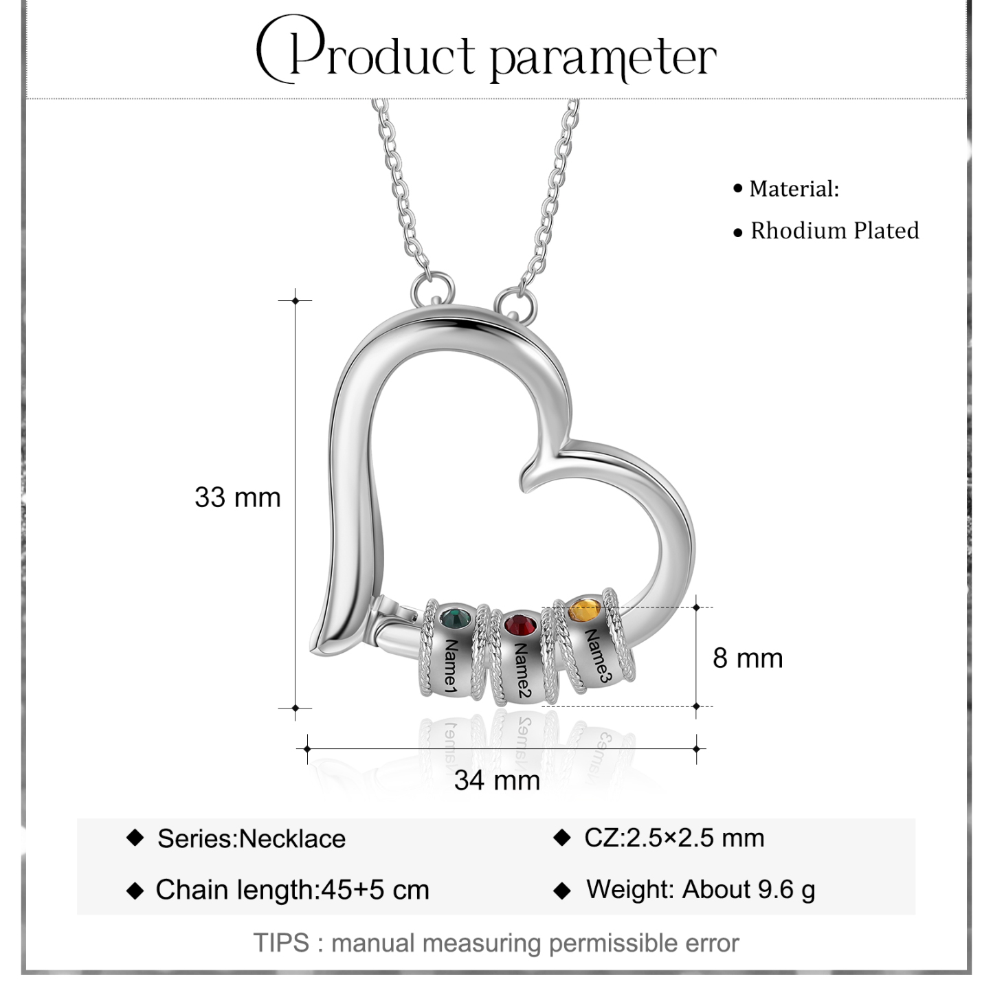 Customised Heart Necklace With 3 Birthstones Engraved Family Names Necklace Gift for Her-Jessemade AU