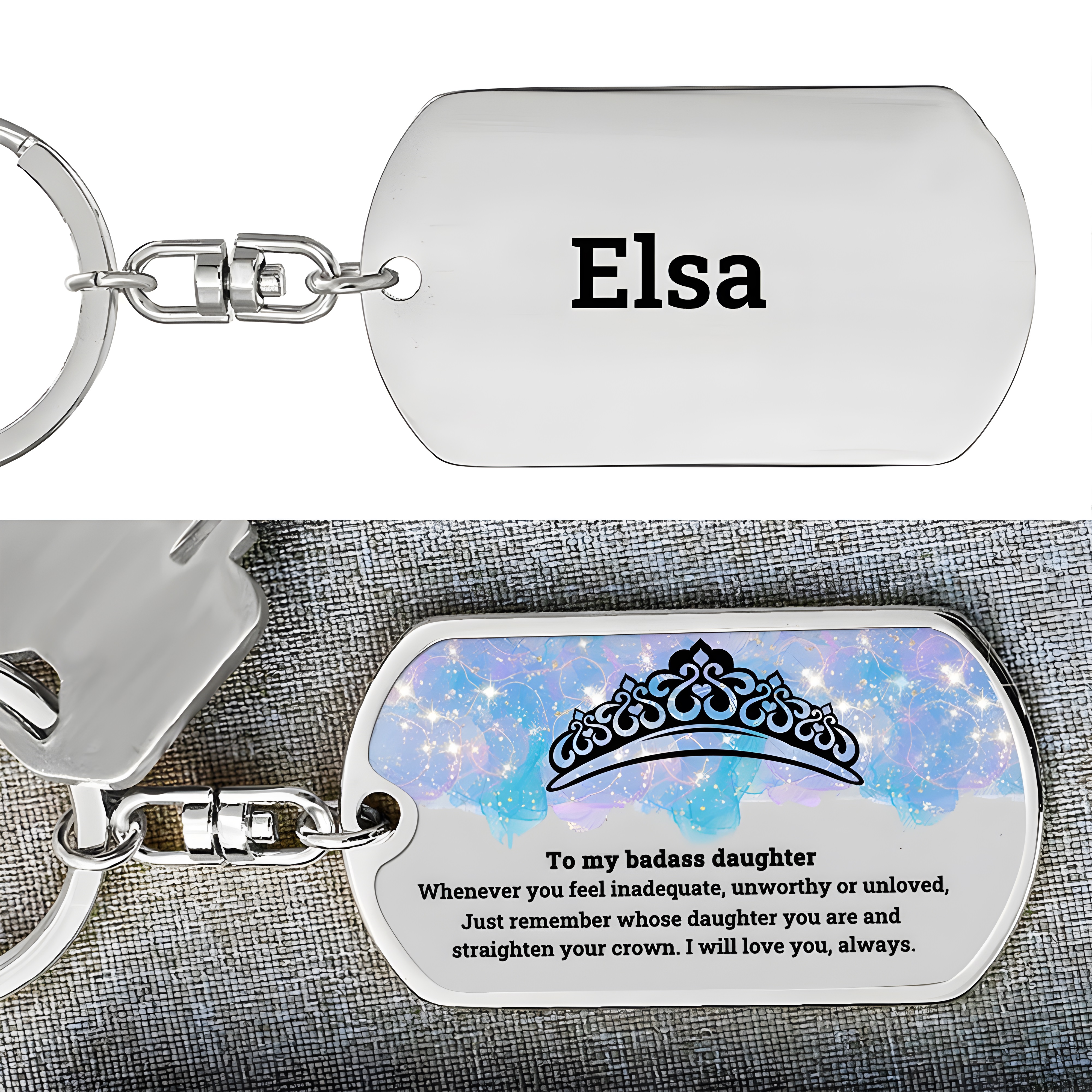 To My Badass Daughter Crown Keychain Custom Name Stainless Steel Keyring "I Will Love You Always"-Jessemade AU
