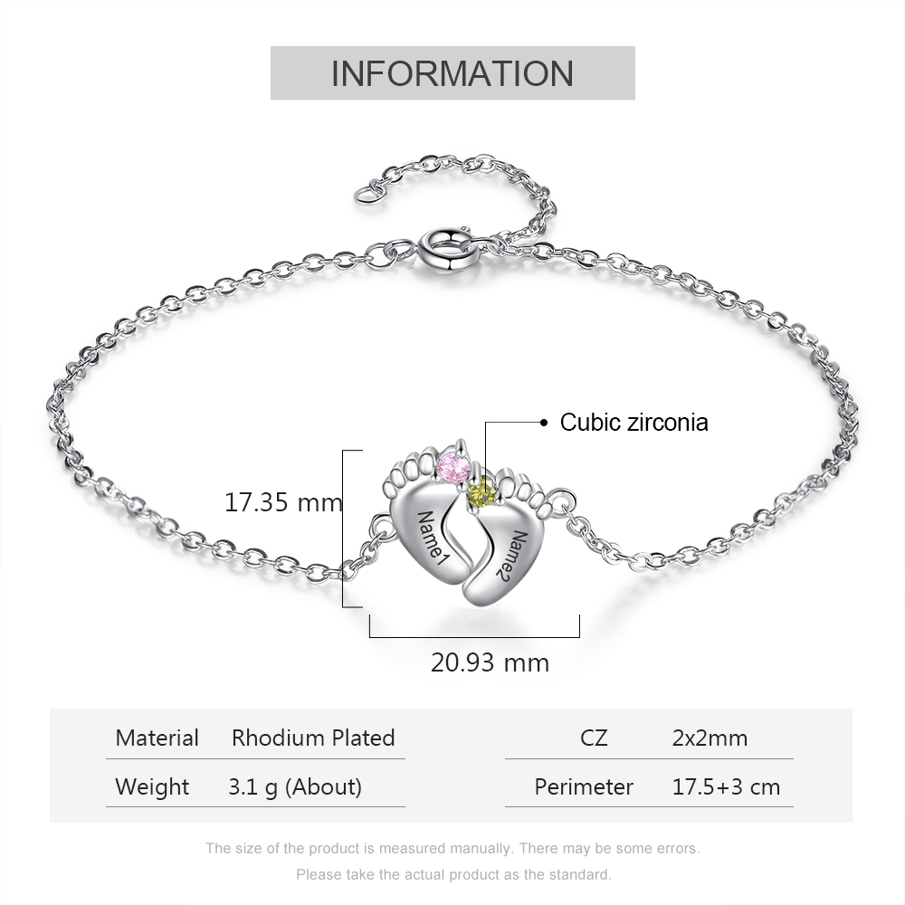 Personalised Baby Foot Necklace With 2 Birthstones Engraved Names Gift For Mother-Jessemade AU