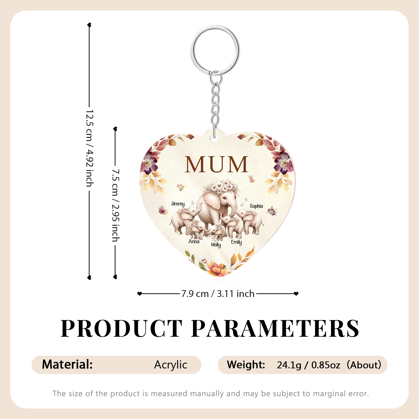 5 Names - Personalised Acrylic Keychain Custom 1 Text Elephant Family Hanging Ornaments Gift for Mum/Grandma-Jessemade AU