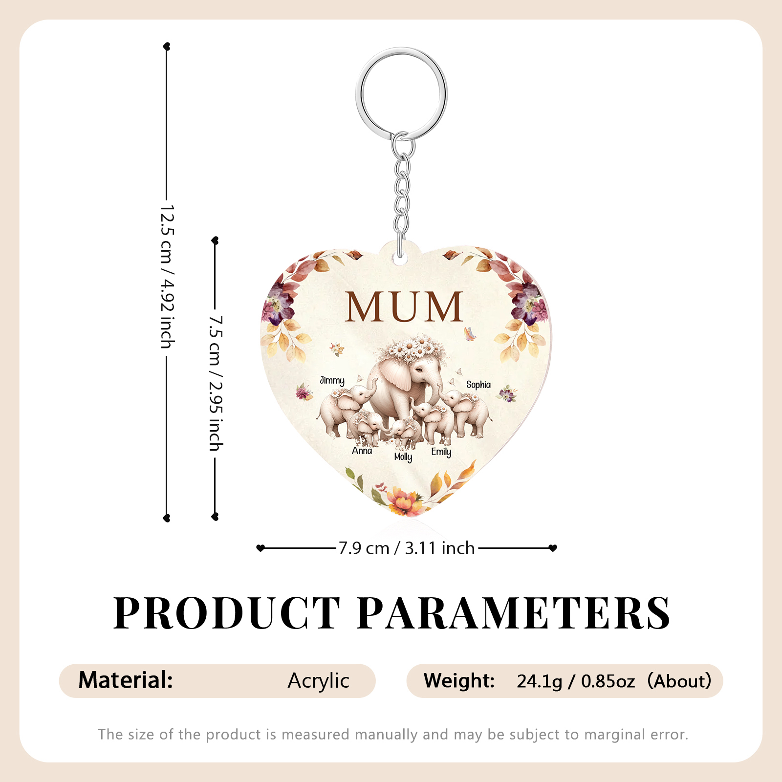 5 Names - Personalised Acrylic Keychain Custom 1 Text Elephant Family Hanging Ornaments Gift for Mum/Grandma-Jessemade AU
