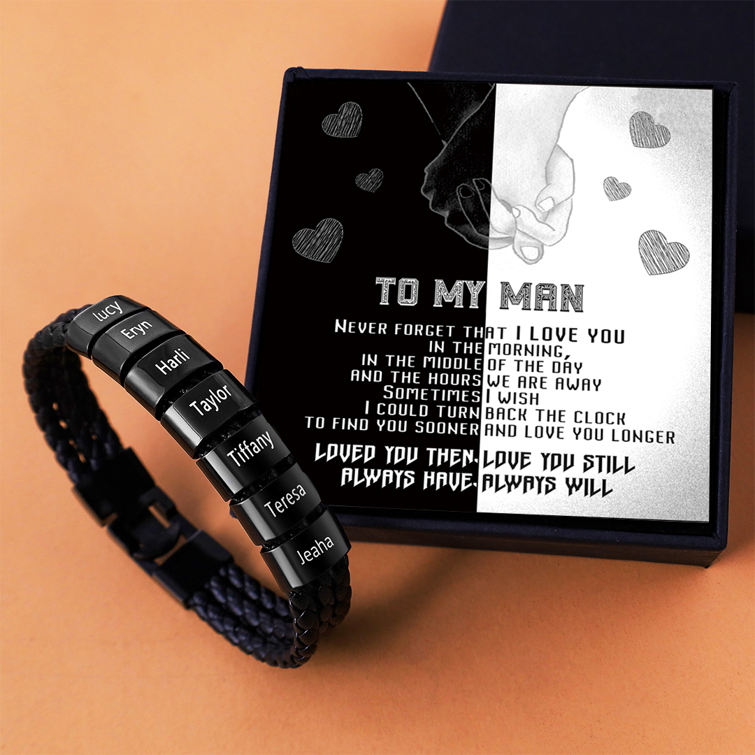 Personalised Braided Leather Bracelet Engraved 7 Names Men's Bracelet Gifts For Him-Jessemade AU