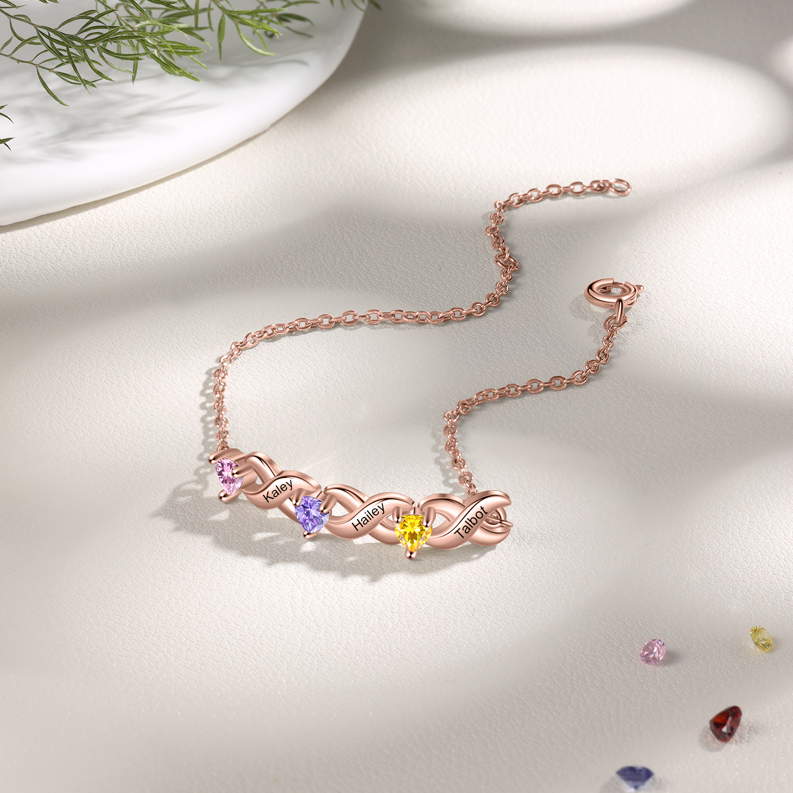 Family Custom Bracelet Heart Personalised with 3 Birthstones Gift Box Set-Jessemade AU