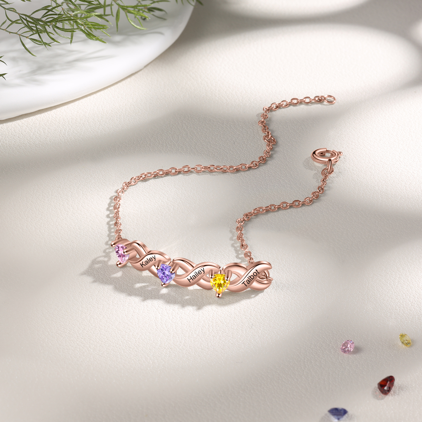 Family Custom Bracelet Heart Personalised with 3 Birthstones Gift Box Set-Jessemade AU