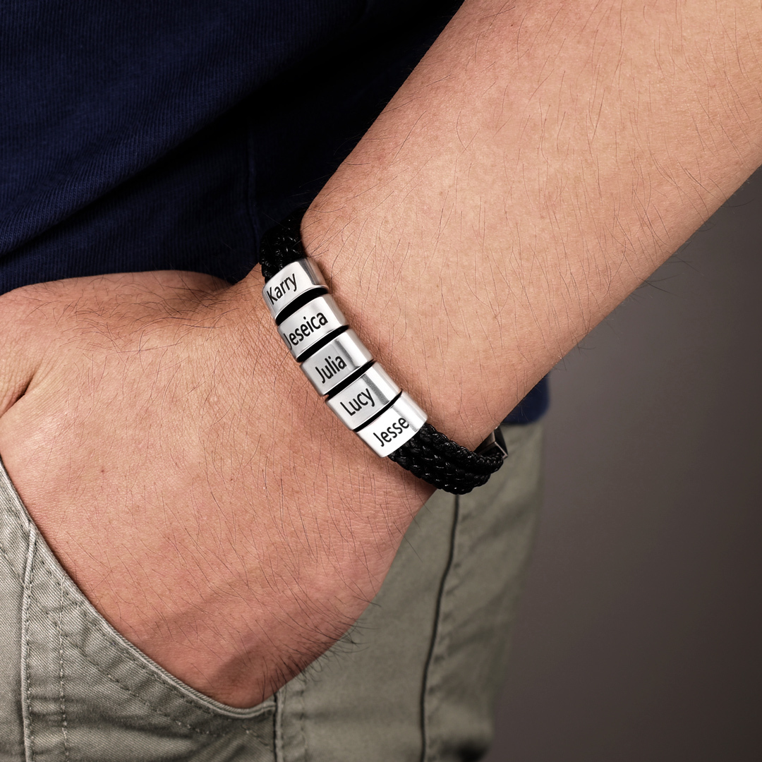 Personalised Braided Leather Bracelet Engraved 6 Names Men's Bracelet Gifts For Him-Jessemade AU