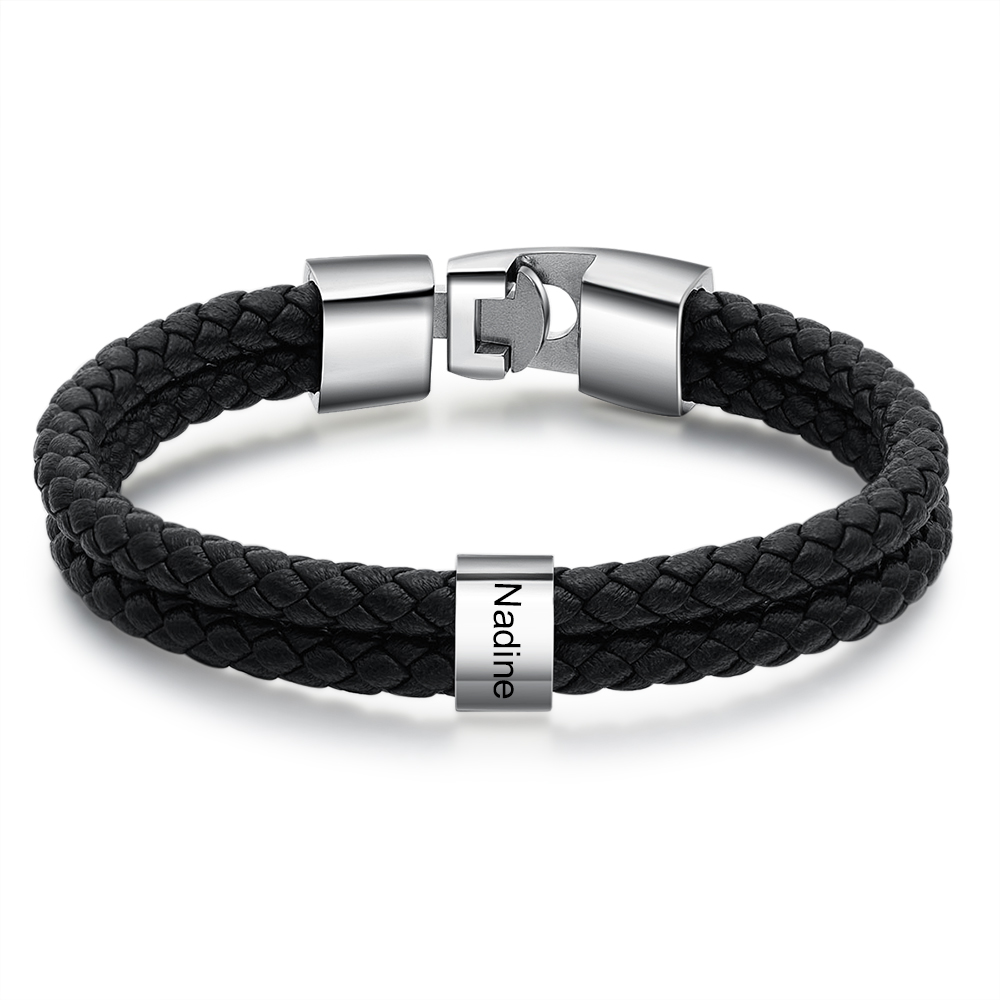 Personalised Braided Leather Bracelet Engraved 1 Name Men's Bracelet for Him