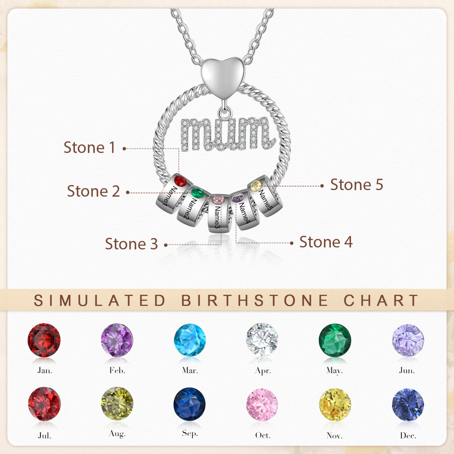 5 Names - Personalised Mum Circle Pendant Necklace Custom Names & Birthstones Necklace Gifts For Mum-Jessemade AU