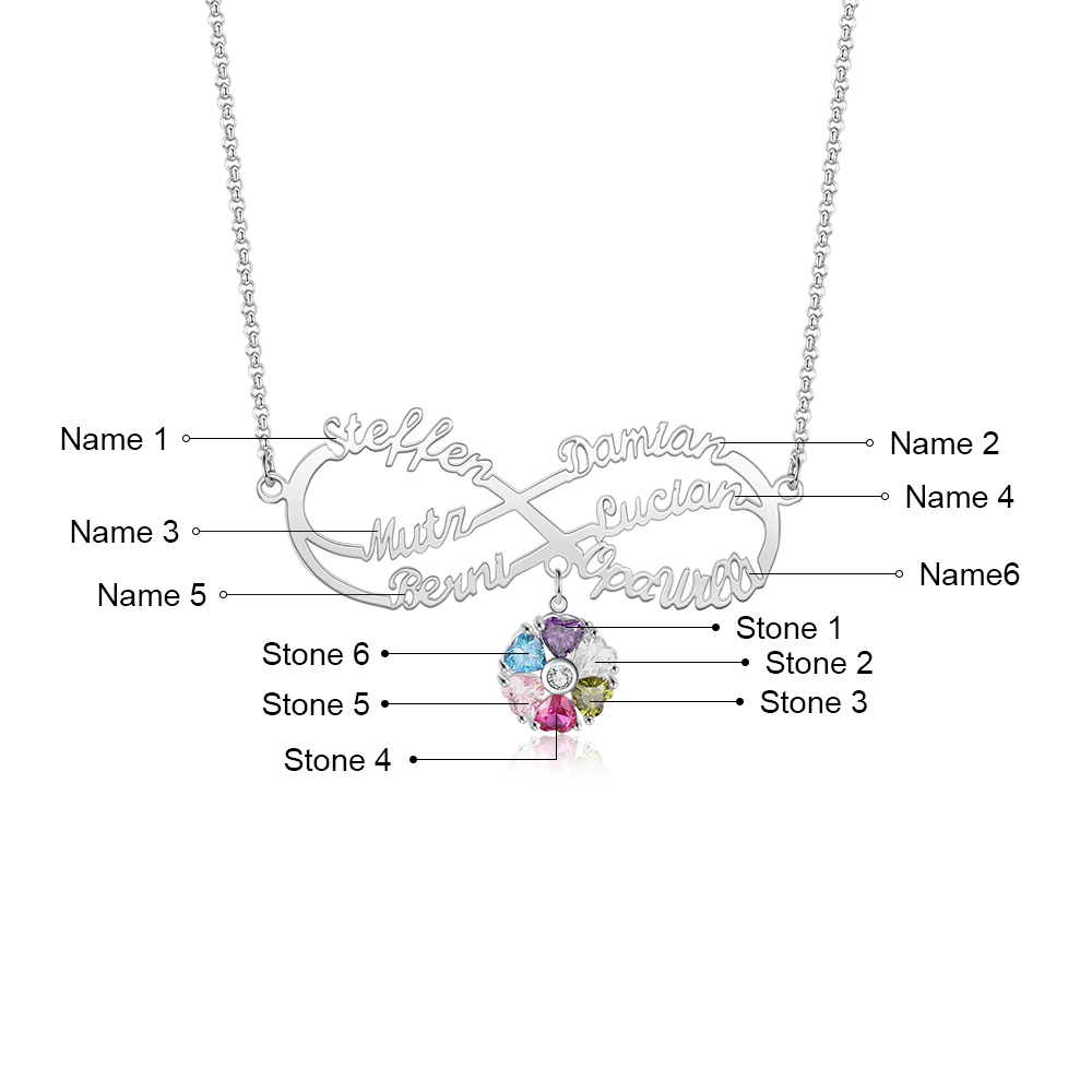 Personalised Infinity Necklace With 6 Birthstones Engraved Names Necklace Gift For Women-Jessemade AU