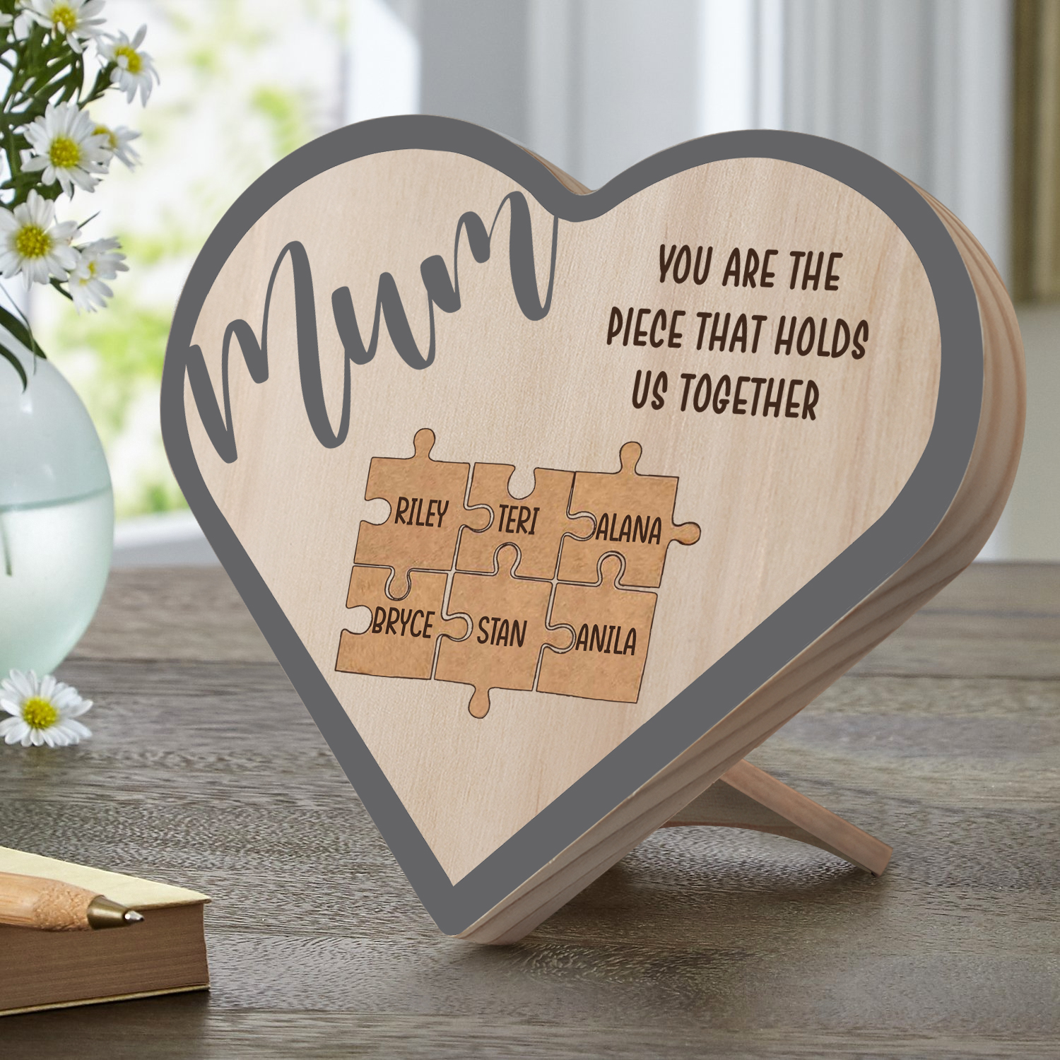 To Mum Personalised Wooden Puzzle Heart Keepsake Desktop Ornament Custom 6 Names Mothers Gifts-Jessemade AU