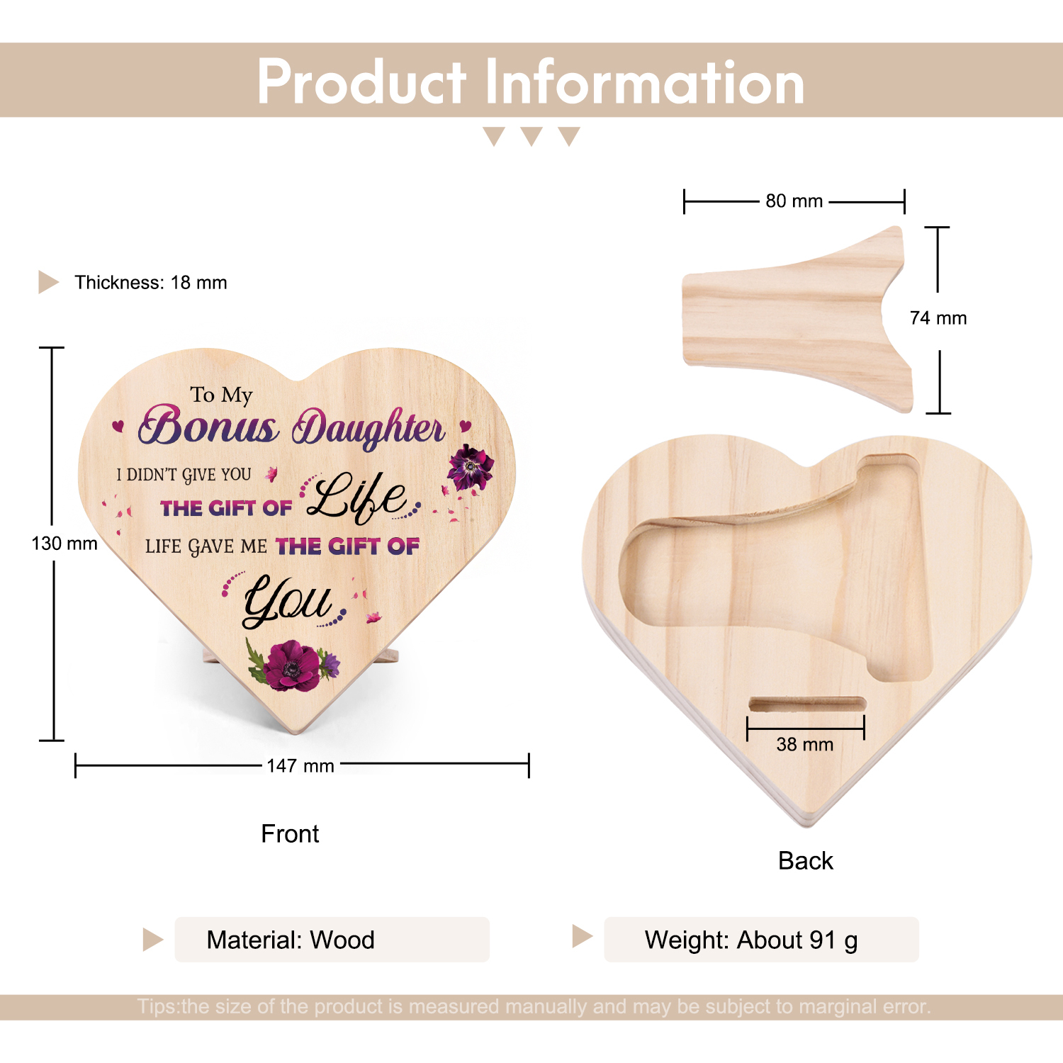 To My Bonus Daughter Violet Wooden Heart Keepsake Desktop Ornament "Life Gave Me The Gift of You"-Jessemade AU