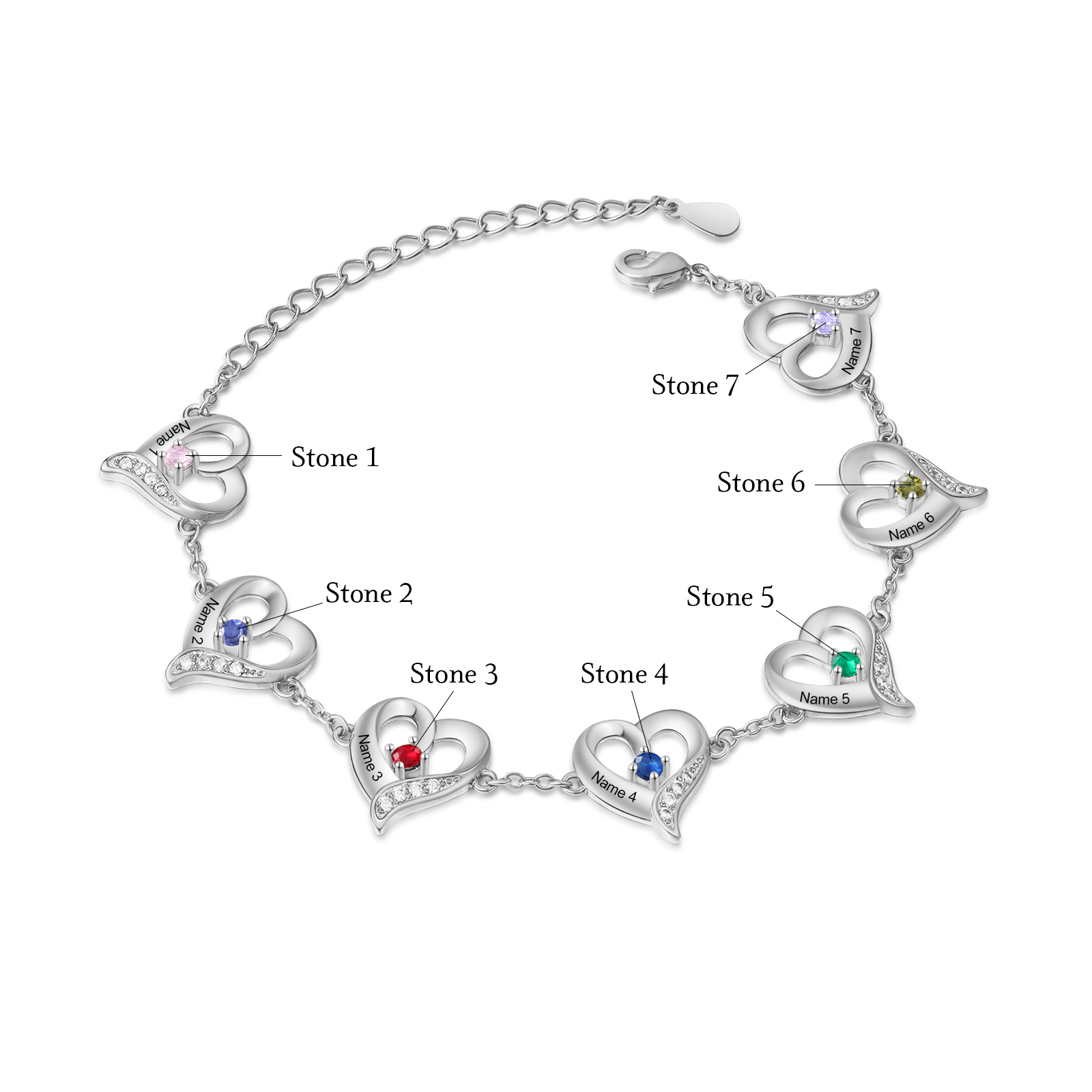 7 Names - Personalised Heart Bracelet Customised Names & Birthstones Bracelets Silver Valentine's Day Gift For Her-Jessemade AU