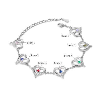 7 Names - Personalised Heart Bracelet Customised Names & Birthstones Bracelets Silver Valentine's Day Gift For Her-Jessemade AU