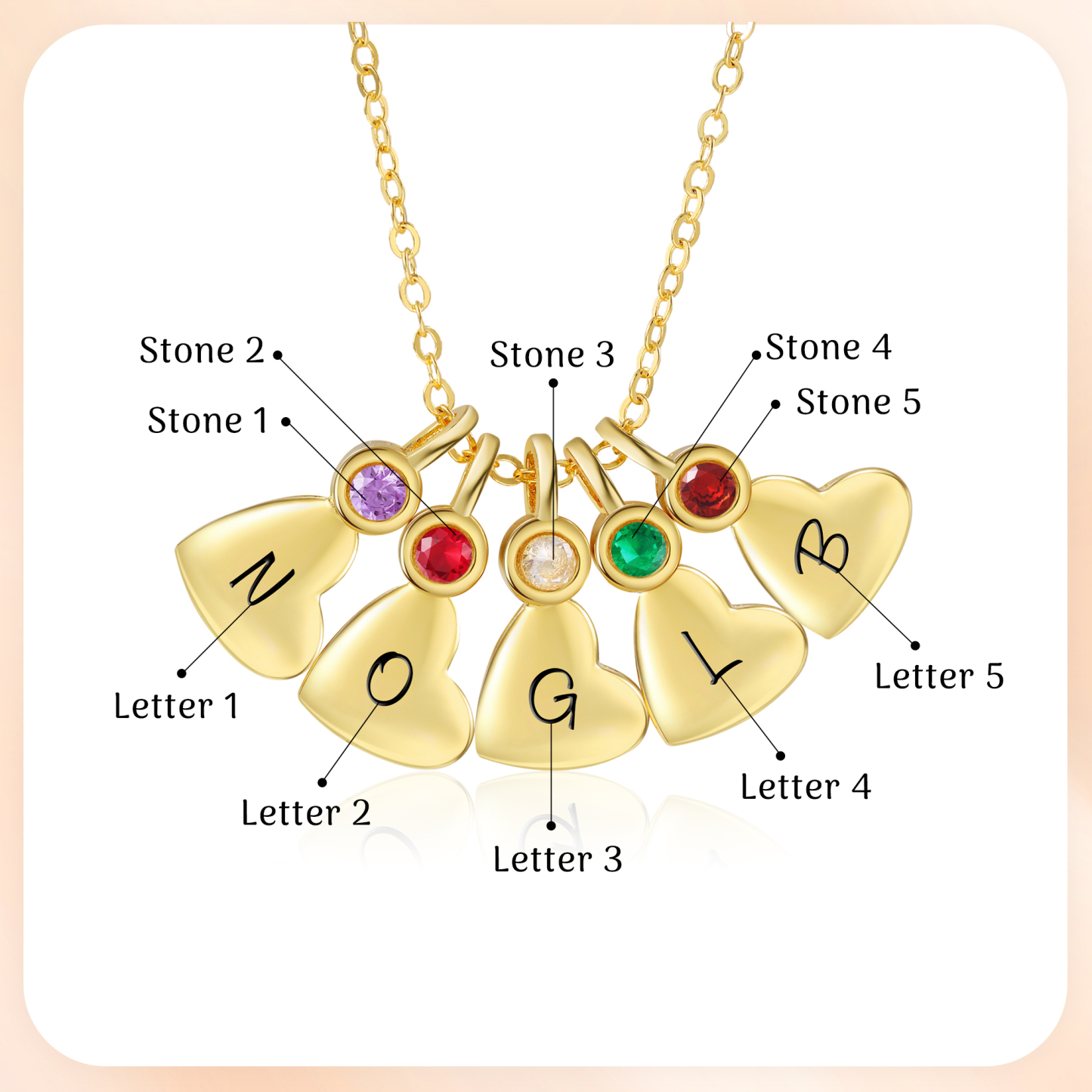 Personalised Heart Pendant Necklace Custom 5 Letters & 5 Birthstones Necklace Gifts for Her-Jessemade AU