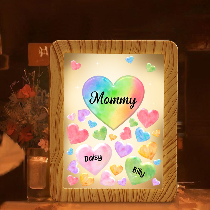 Personalised Night Light Mirror Frame Custom 1 Text & 2 Names Colourful Hearts Family LED Lamp Gift for Grandma/Mother-Jessemade AU